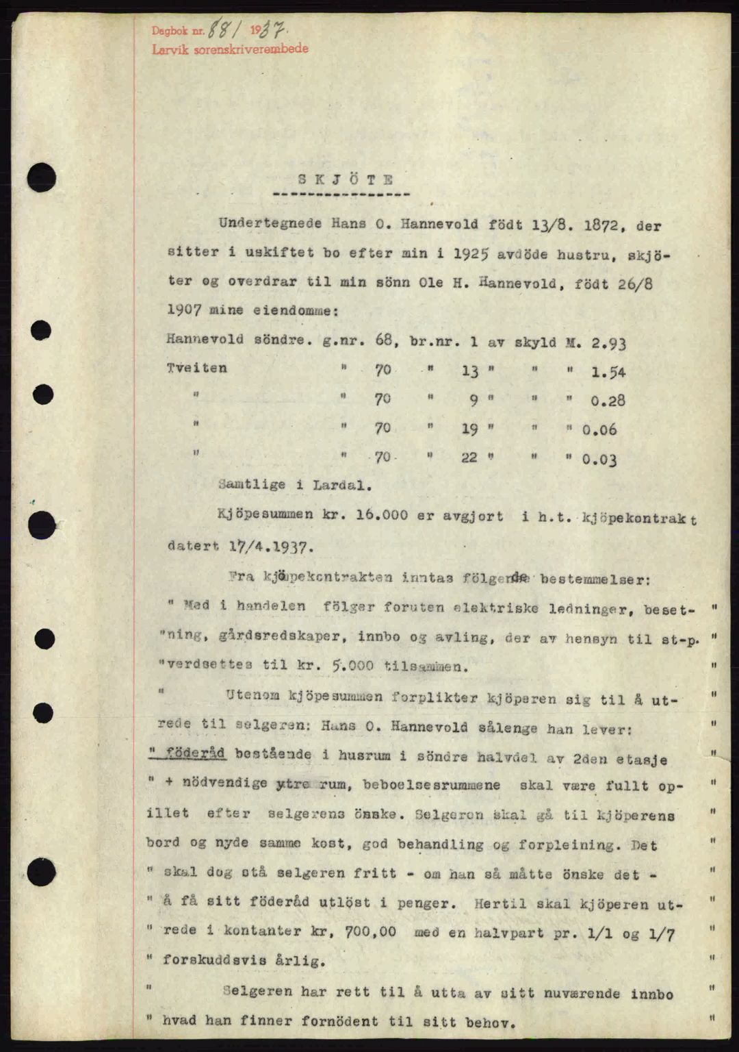 Larvik sorenskriveri, SAKO/A-83/G/Ga/Gab/L0067: Pantebok nr. A-1, 1936-1937, Dagboknr: 881/1937