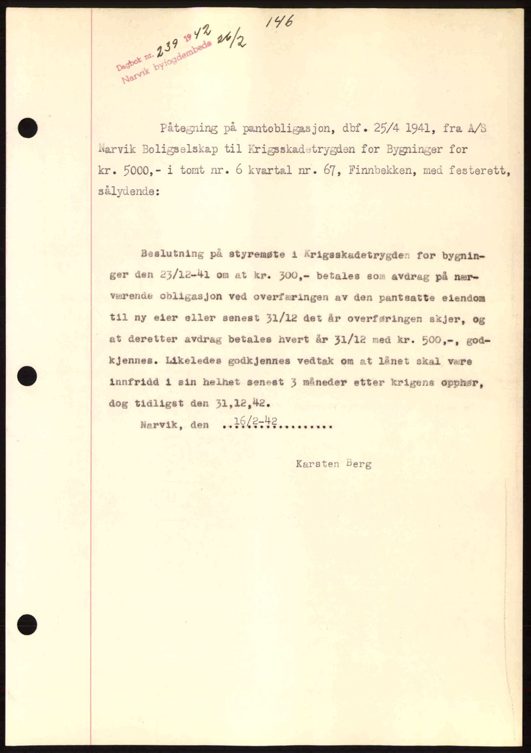 Narvik sorenskriveri, SAT/A-0002/1/2/2C/2Ca: Pantebok nr. A19, 1942-1943, Dagboknr: 239/1942