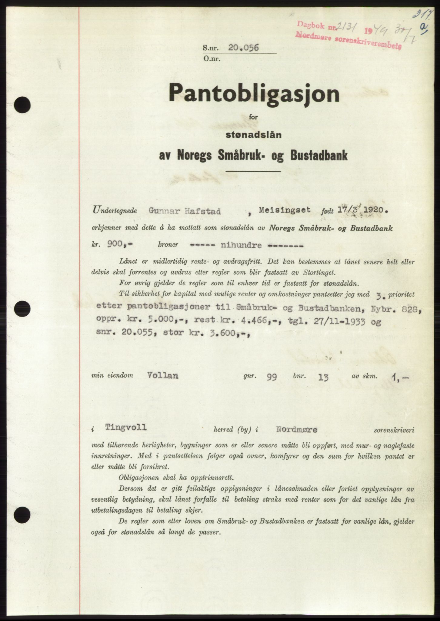Nordmøre sorenskriveri, SAT/A-4132/1/2/2Ca: Pantebok nr. B102, 1949-1949, Dagboknr: 2131/1949
