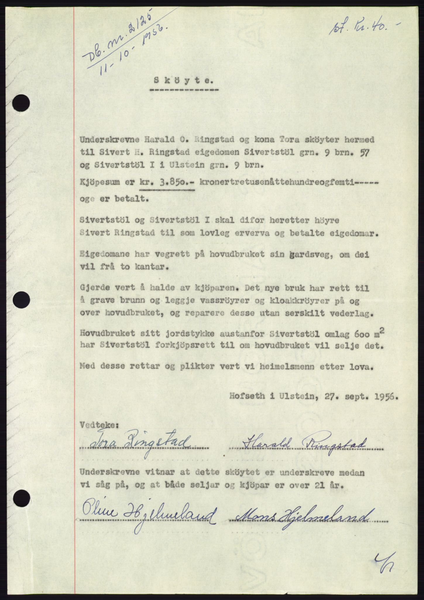 Søre Sunnmøre sorenskriveri, AV/SAT-A-4122/1/2/2C/L0104: Pantebok nr. 30A, 1956-1956, Dagboknr: 2125/1956