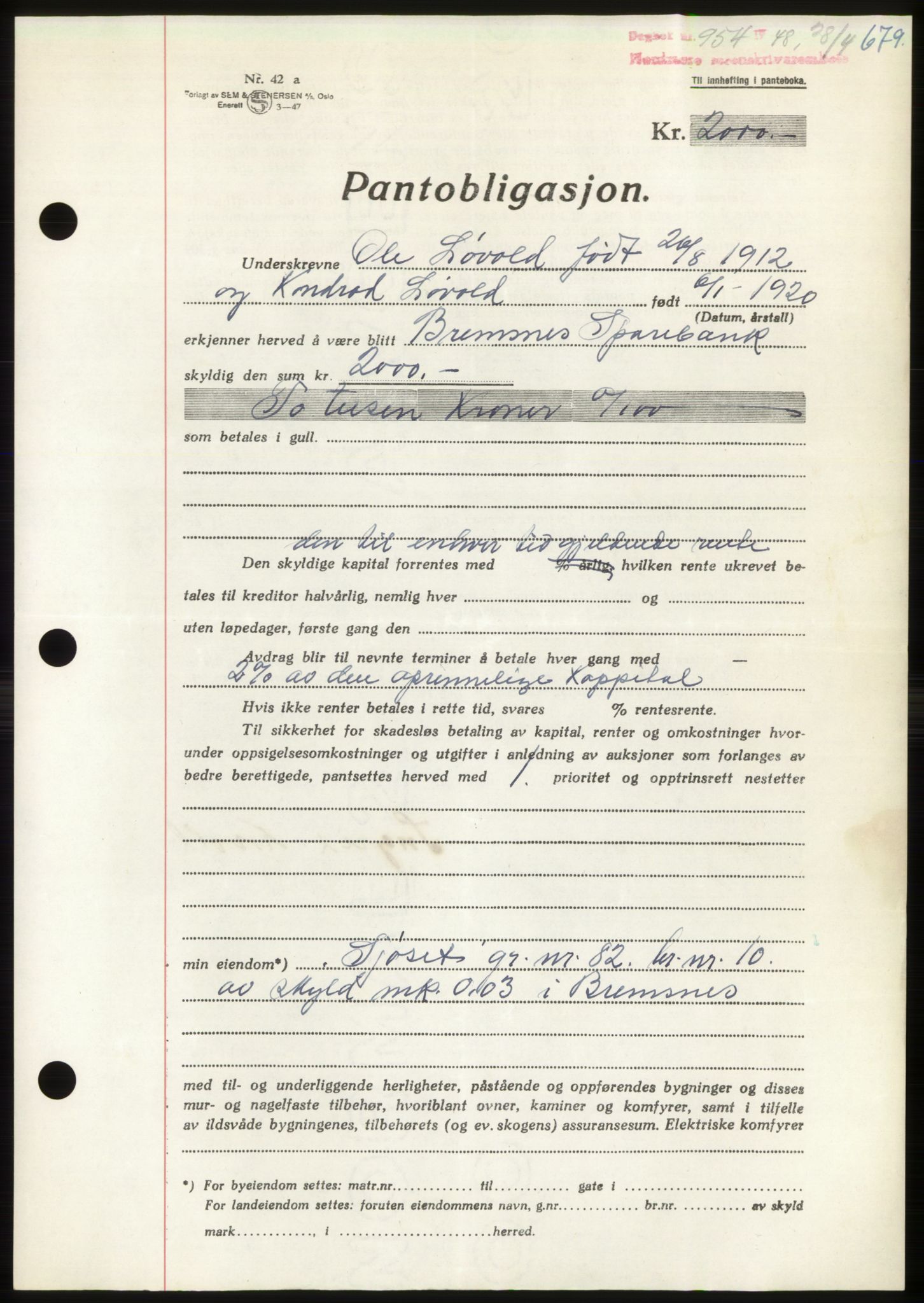Nordmøre sorenskriveri, SAT/A-4132/1/2/2Ca: Pantebok nr. B98, 1948-1948, Dagboknr: 954/1948