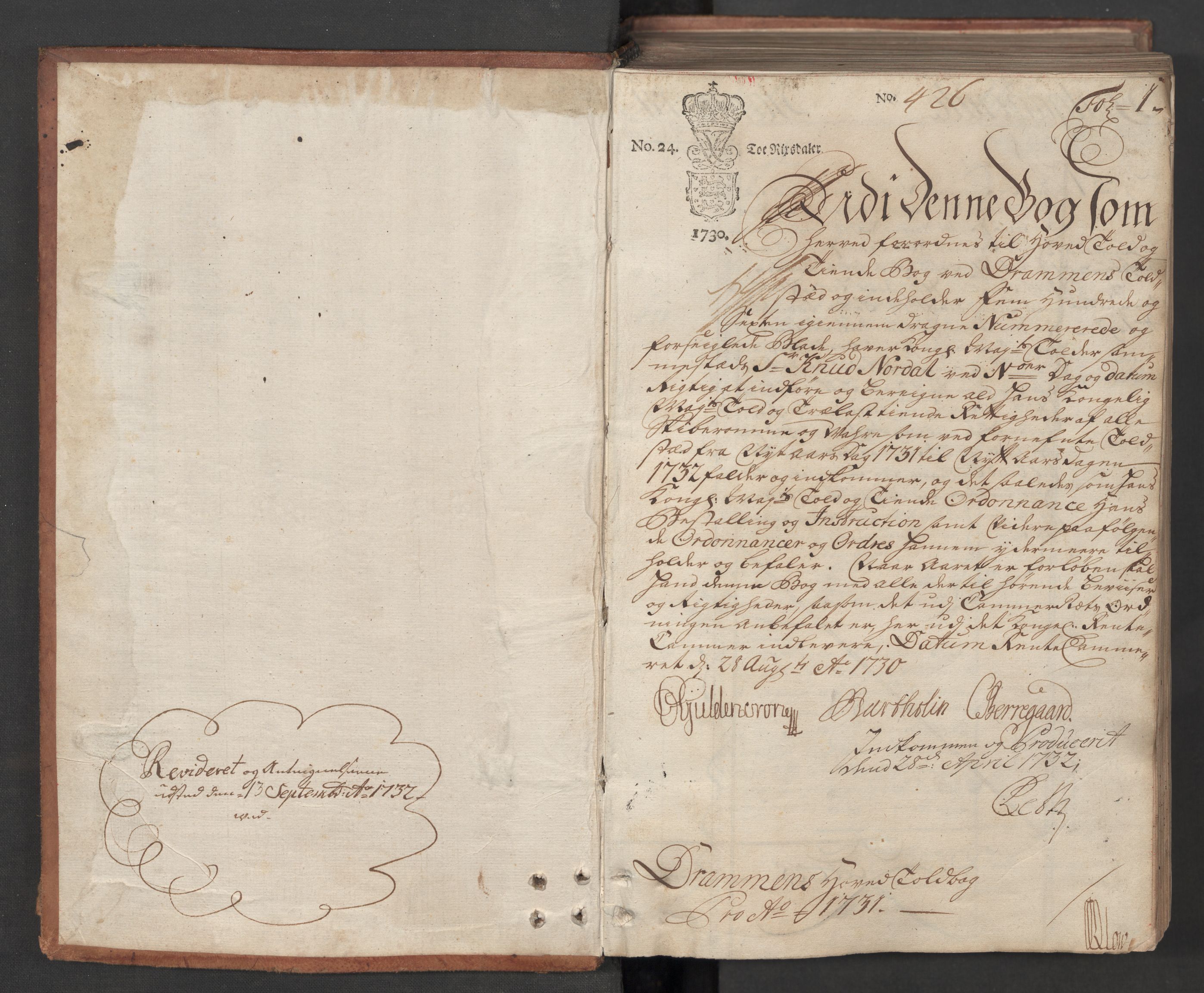 Generaltollkammeret, tollregnskaper, AV/RA-EA-5490/R08/L0009/0001: Tollregnskaper Drammen / Hovedtollbok, 1731, s. 1a