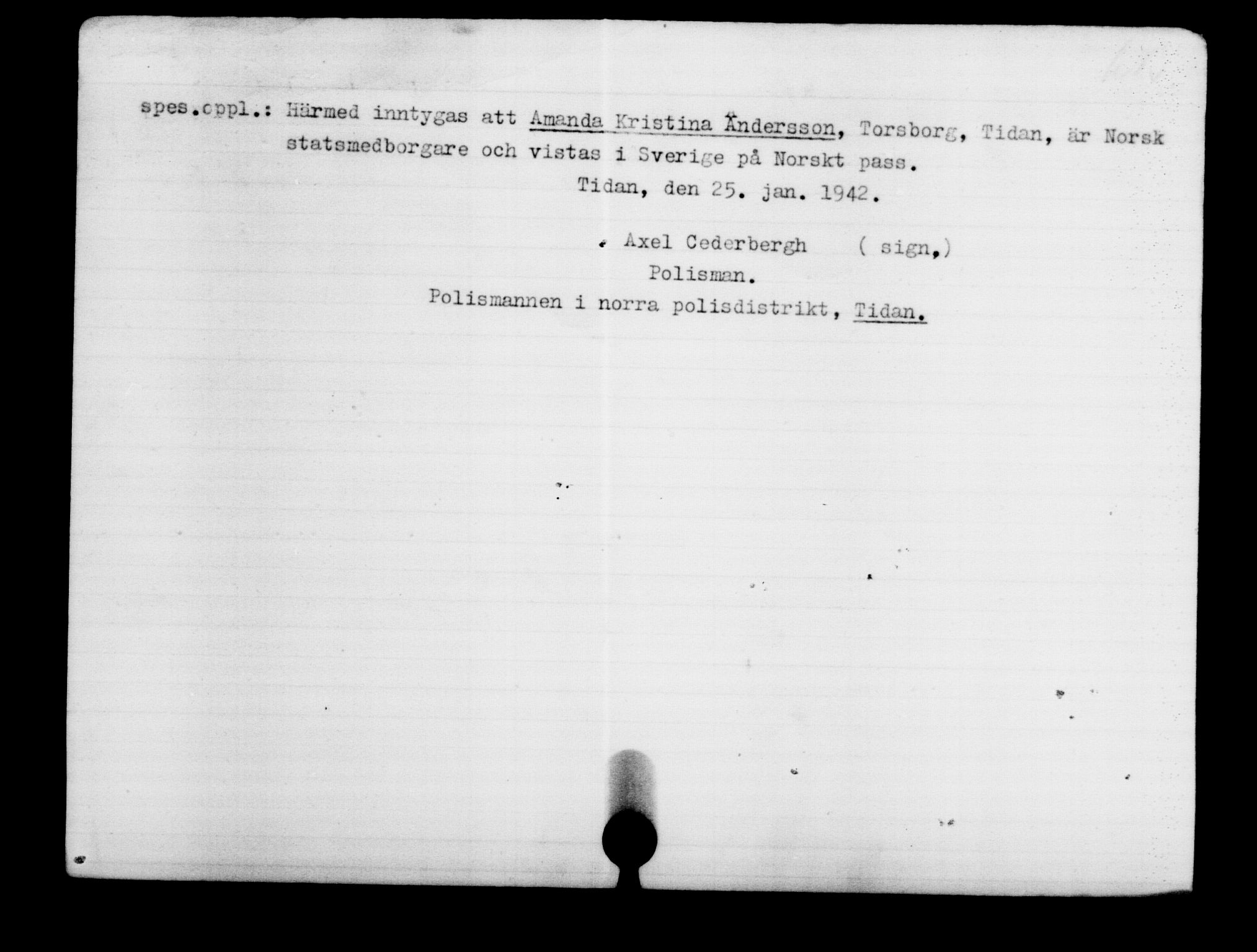 Den Kgl. Norske Legasjons Flyktningskontor, RA/S-6753/V/Va/L0003: Kjesäterkartoteket.  Flyktningenr. 2001-3495, 1940-1945, s. 1892