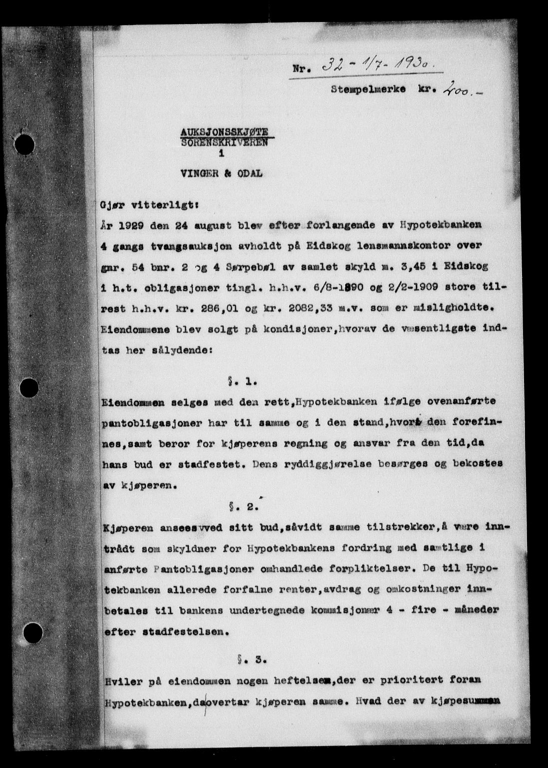 Vinger og Odal sorenskriveri, SAH/TING-022/H/Hb/Hbc/L0026: Pantebok nr. IV, 1930-1931, Tingl.dato: 01.07.1930