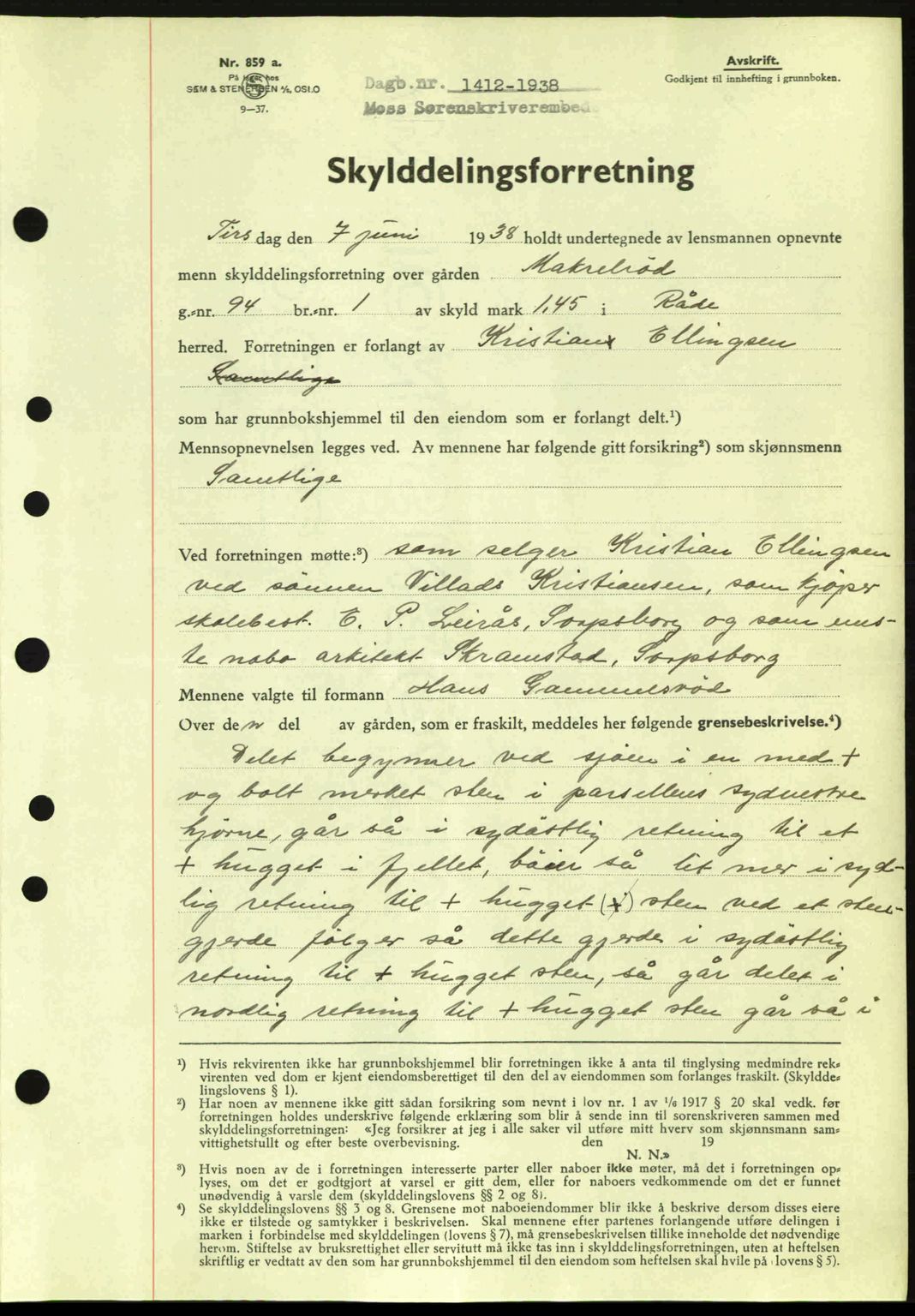Moss sorenskriveri, SAO/A-10168: Pantebok nr. A4, 1938-1938, Dagboknr: 1412/1938