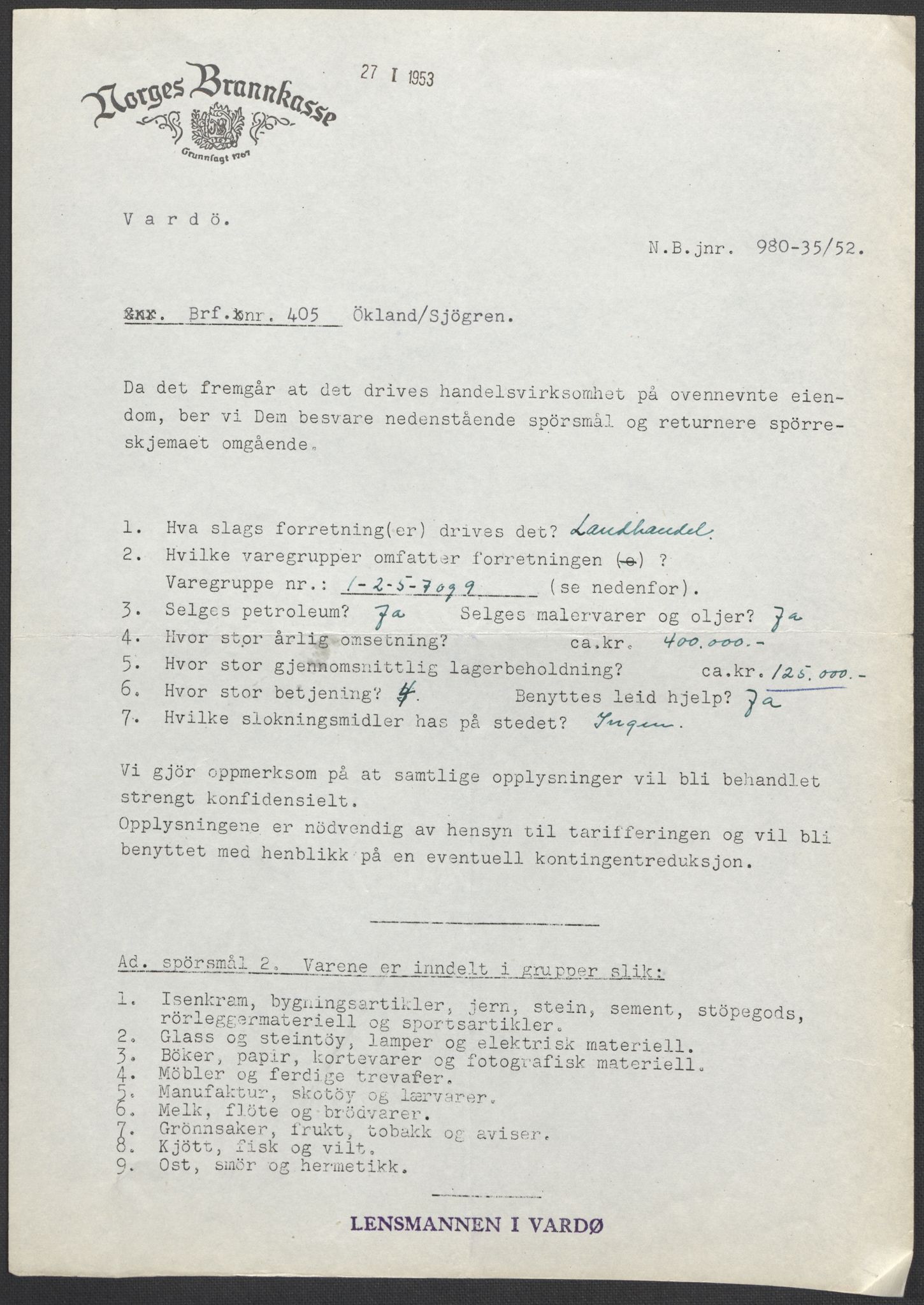 Norges Brannkasse, AV/RA-S-1549/E/Eu/L0019: Branntakster for Vardø by, 1889-1955, s. 44