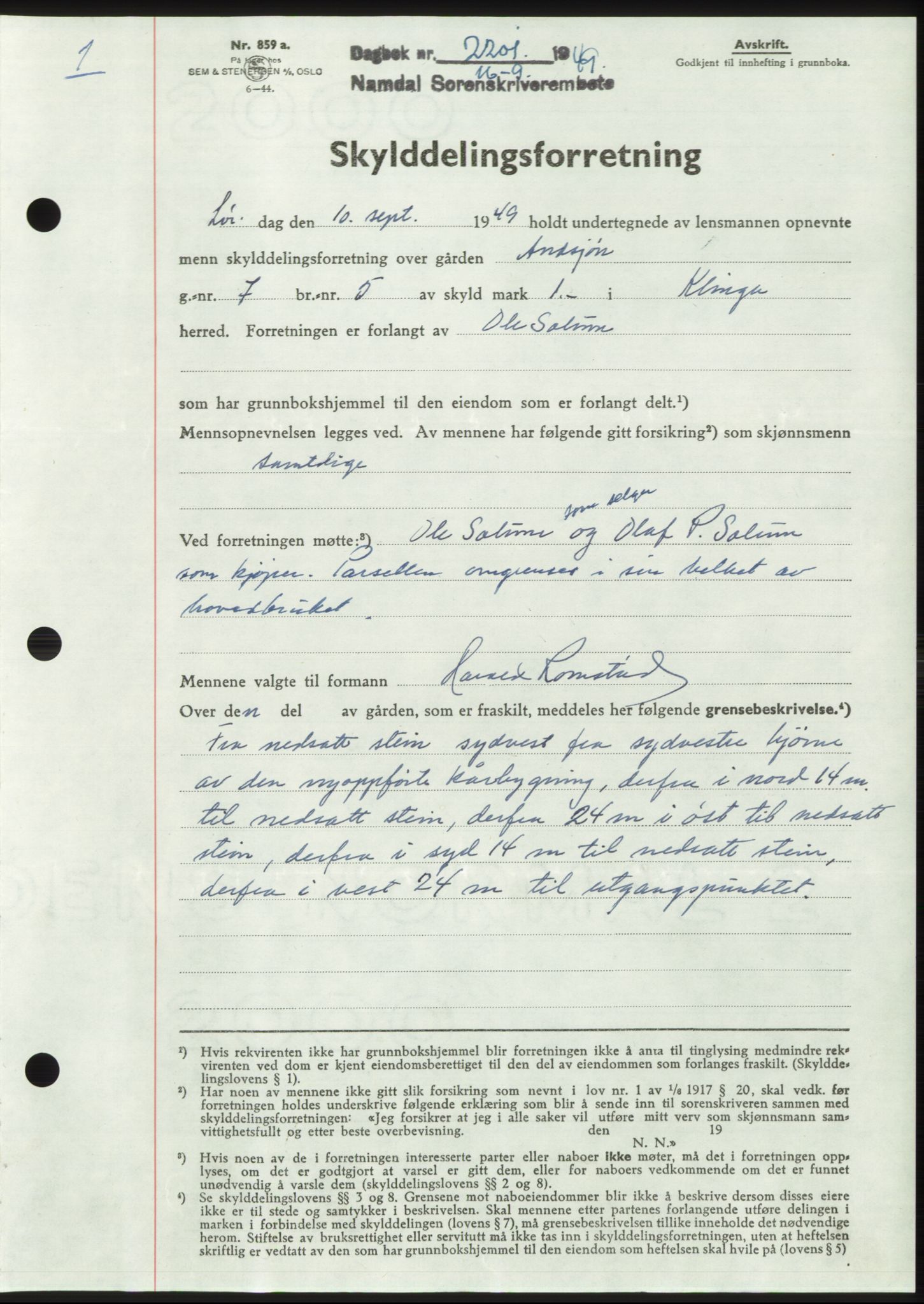 Namdal sorenskriveri, SAT/A-4133/1/2/2C: Pantebok nr. -, 1949-1949, Dagboknr: 2201/1949