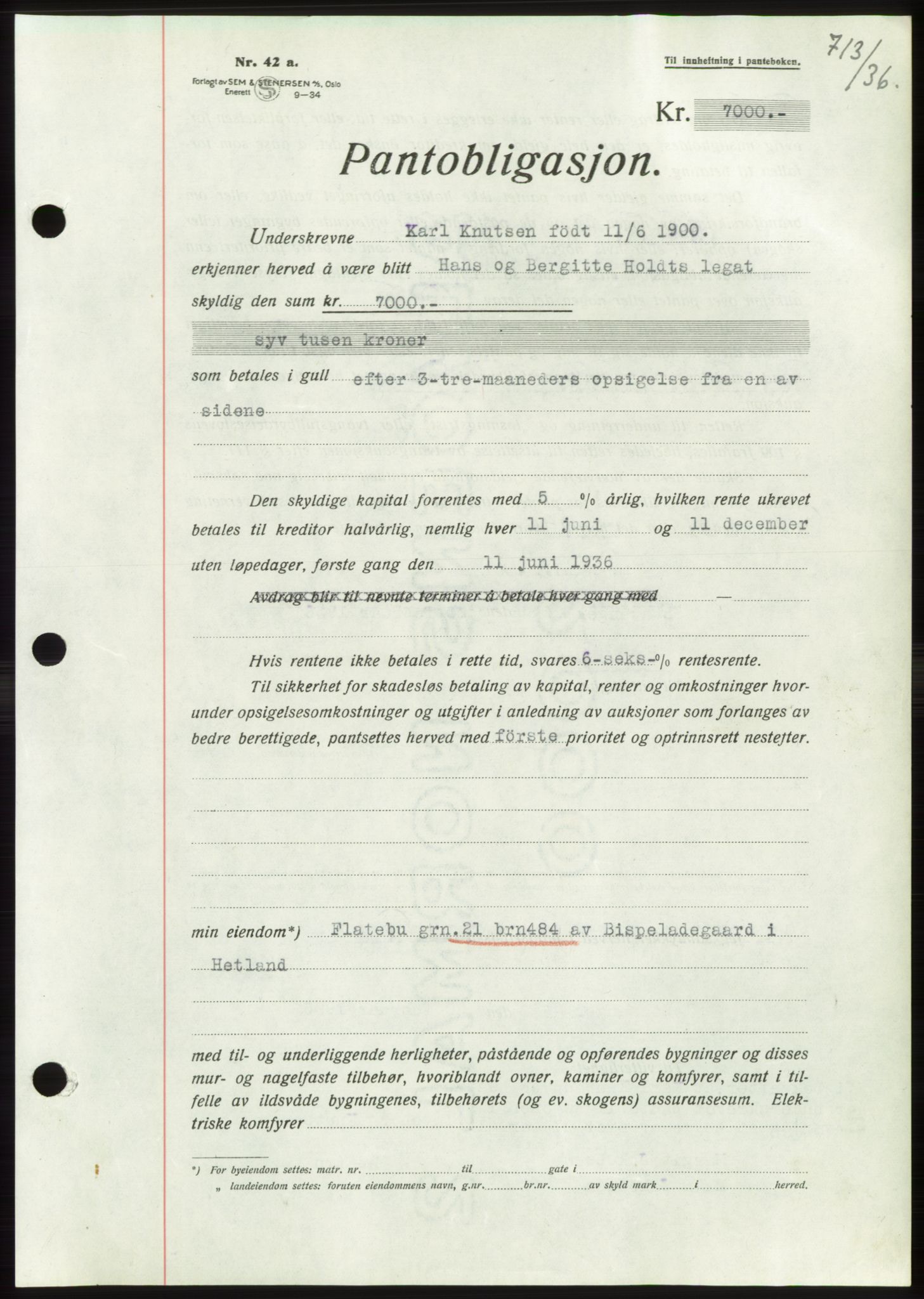 Jæren sorenskriveri, SAST/A-100310/03/G/Gba/L0065: Pantebok nr. 71, 1936-1936, Dagboknr: 713/1936