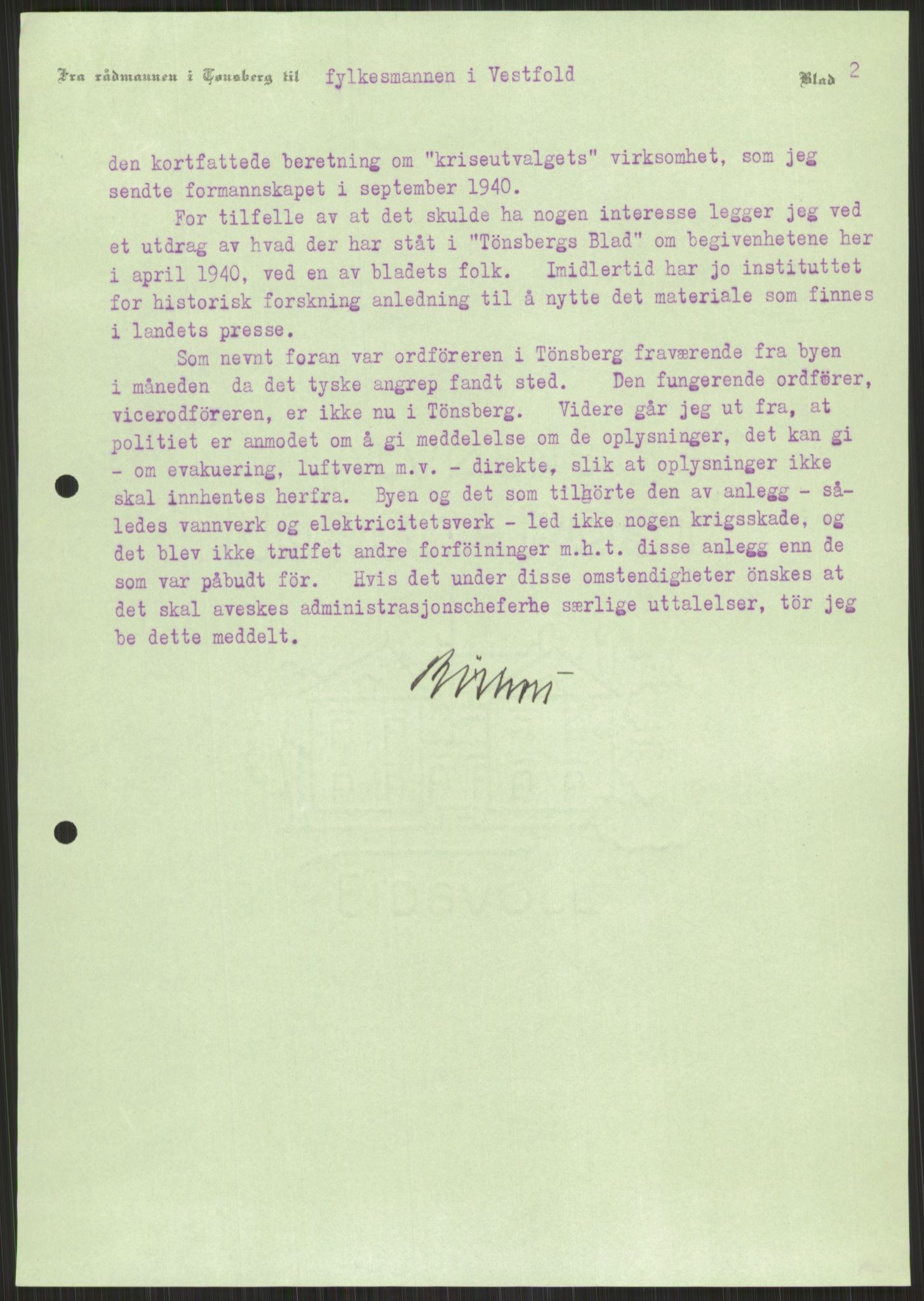 Forsvaret, Forsvarets krigshistoriske avdeling, AV/RA-RAFA-2017/Y/Ya/L0014: II-C-11-31 - Fylkesmenn.  Rapporter om krigsbegivenhetene 1940., 1940, s. 589