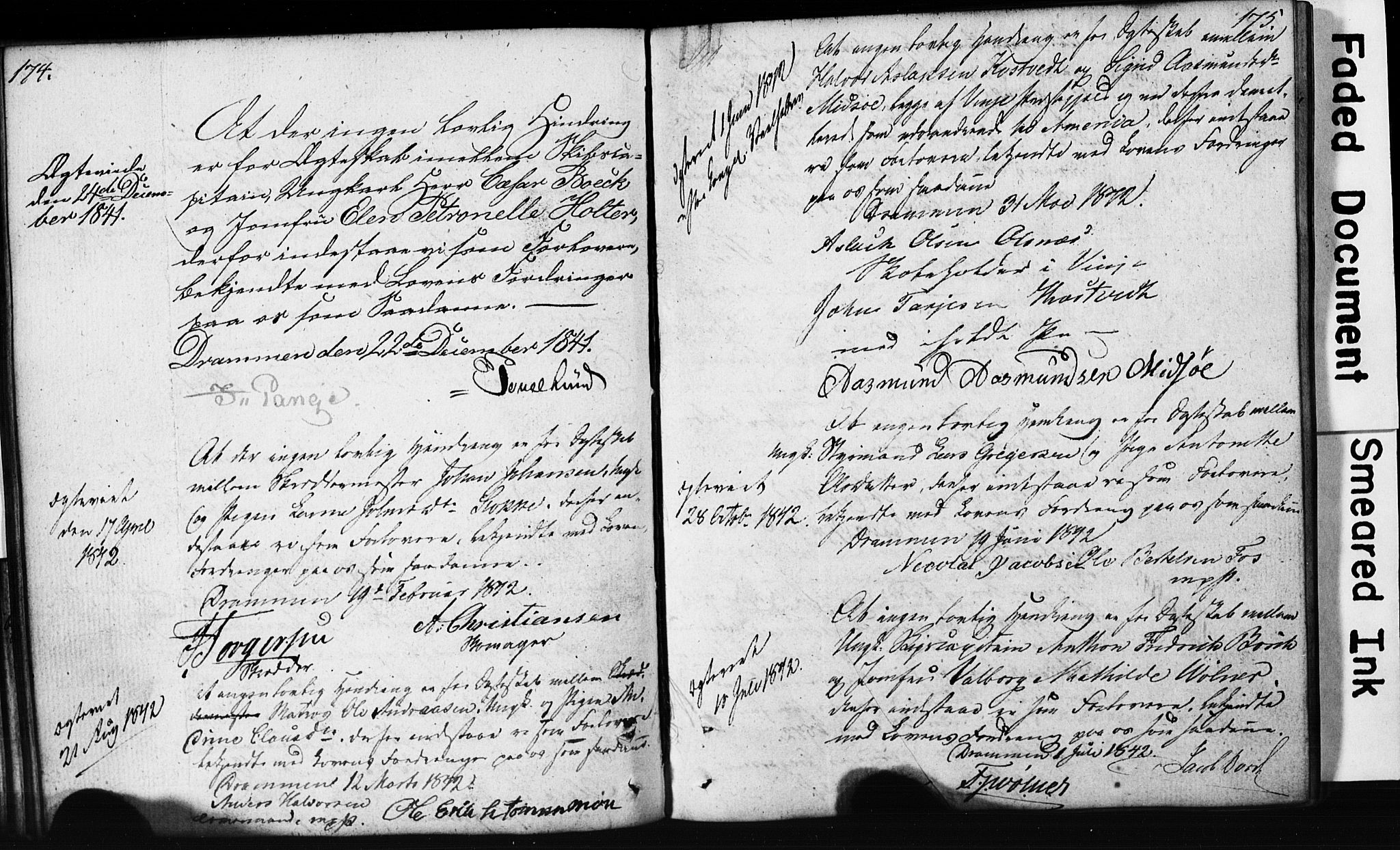 Strømsø kirkebøker, SAKO/A-246/H/Hb/L0002: Forlovererklæringer nr. 2, 1815-1857, s. 174-175