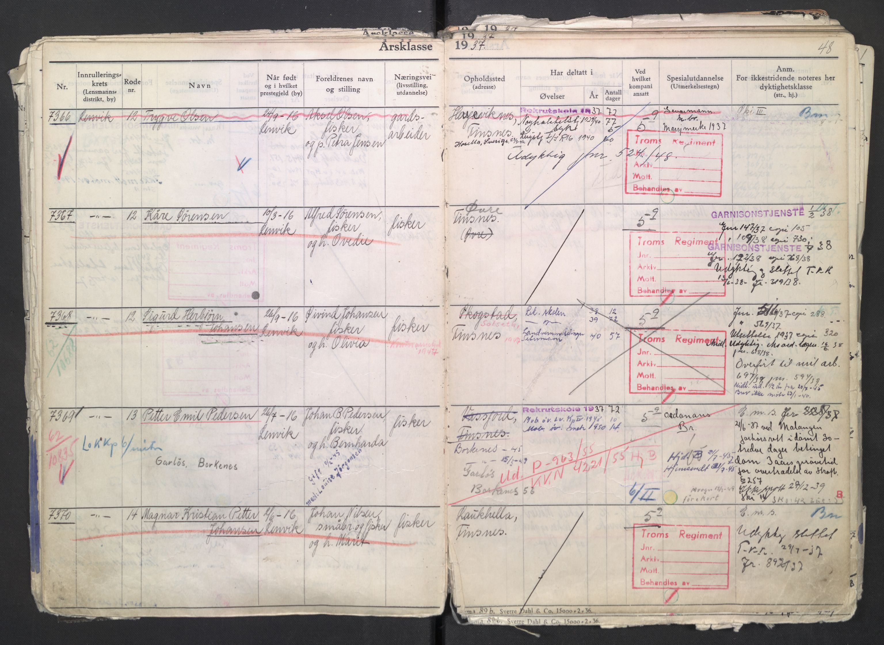 Forsvaret, Troms infanteriregiment nr. 16, AV/RA-RAFA-3146/P/Pa/L0007/0002: Ruller / Rulle for regimentets menige mannskaper, årsklasse 1937, 1937, s. 48