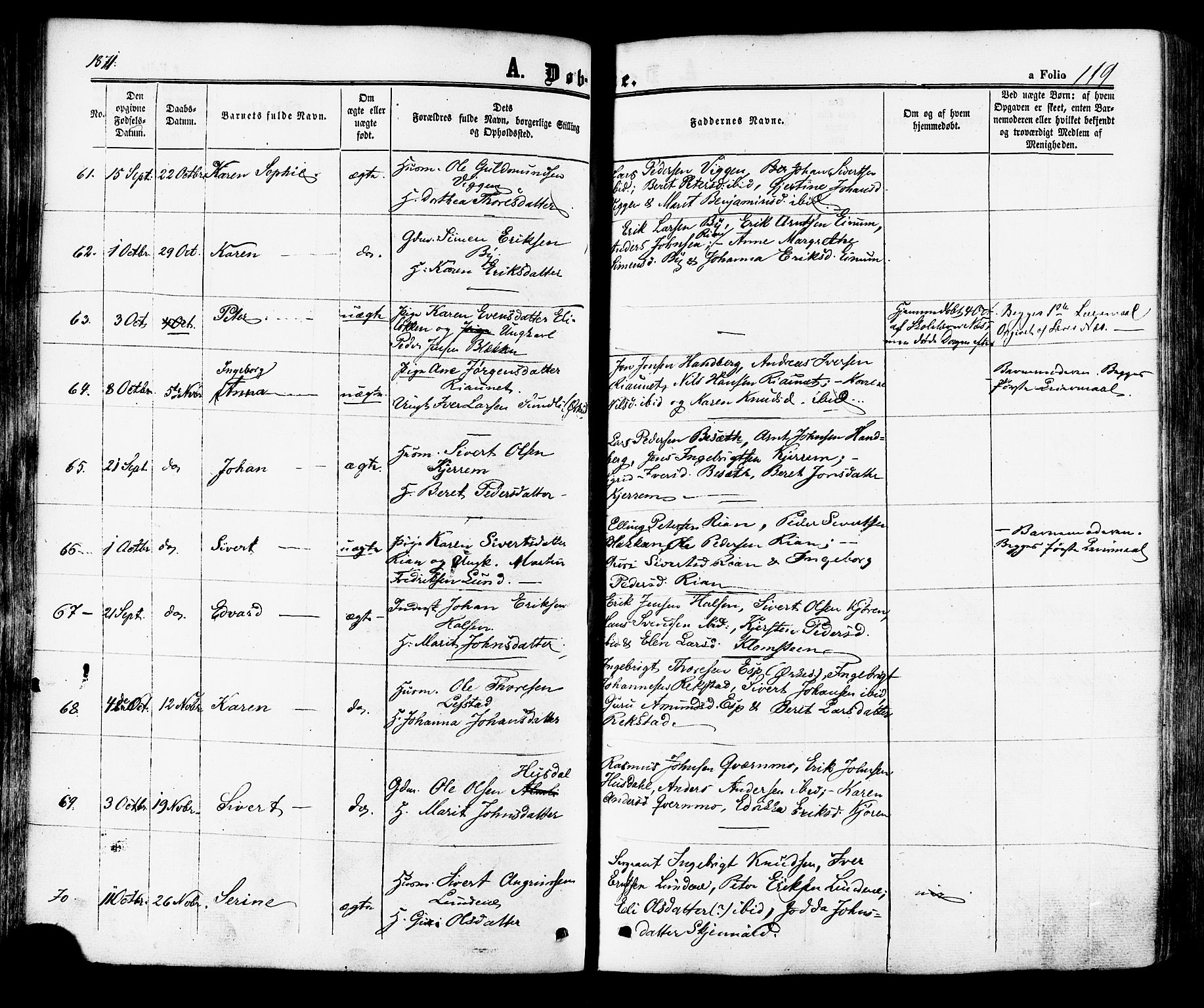 Ministerialprotokoller, klokkerbøker og fødselsregistre - Sør-Trøndelag, SAT/A-1456/665/L0772: Ministerialbok nr. 665A07, 1856-1878, s. 119