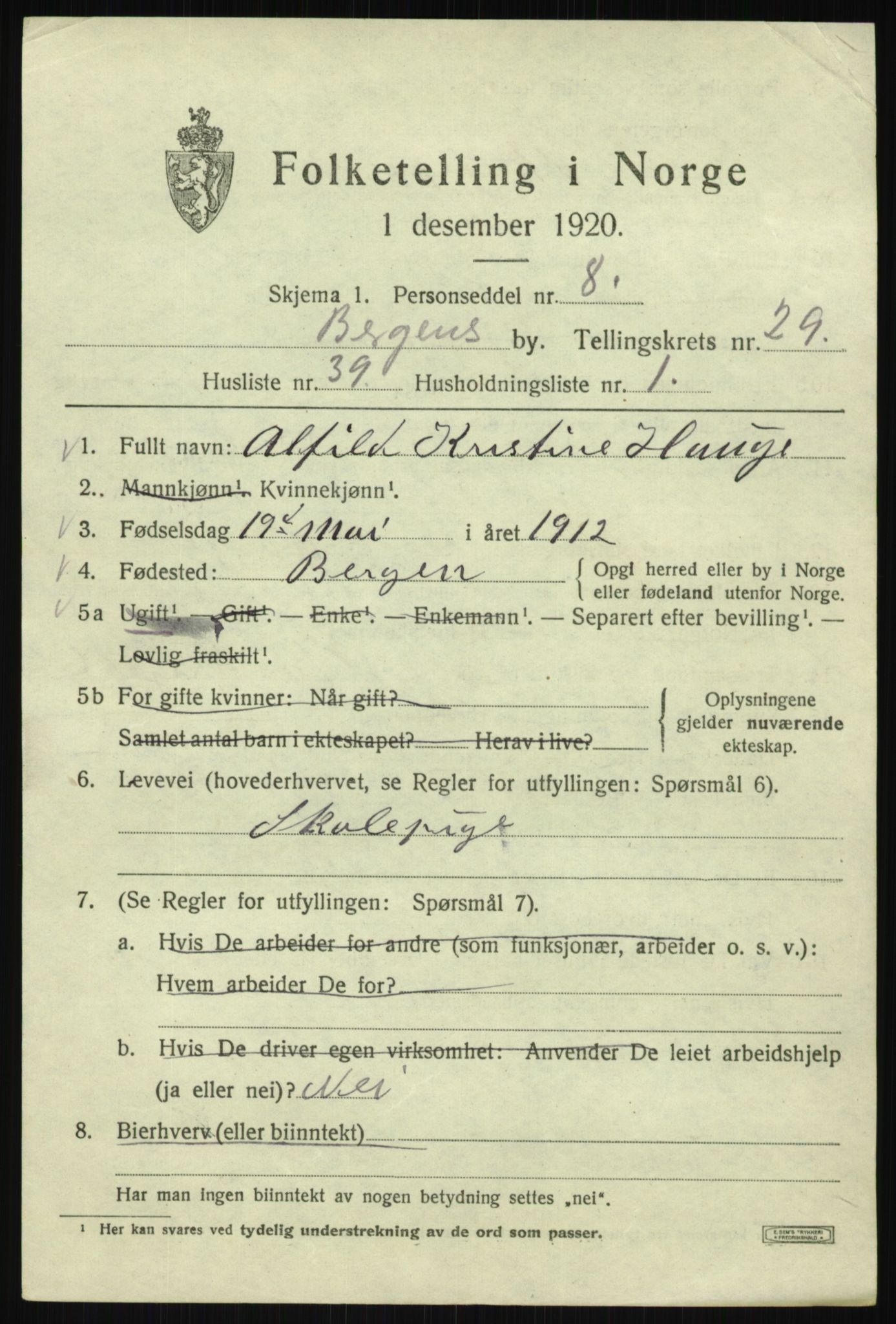 SAB, Folketelling 1920 for 1301 Bergen kjøpstad, 1920, s. 94709
