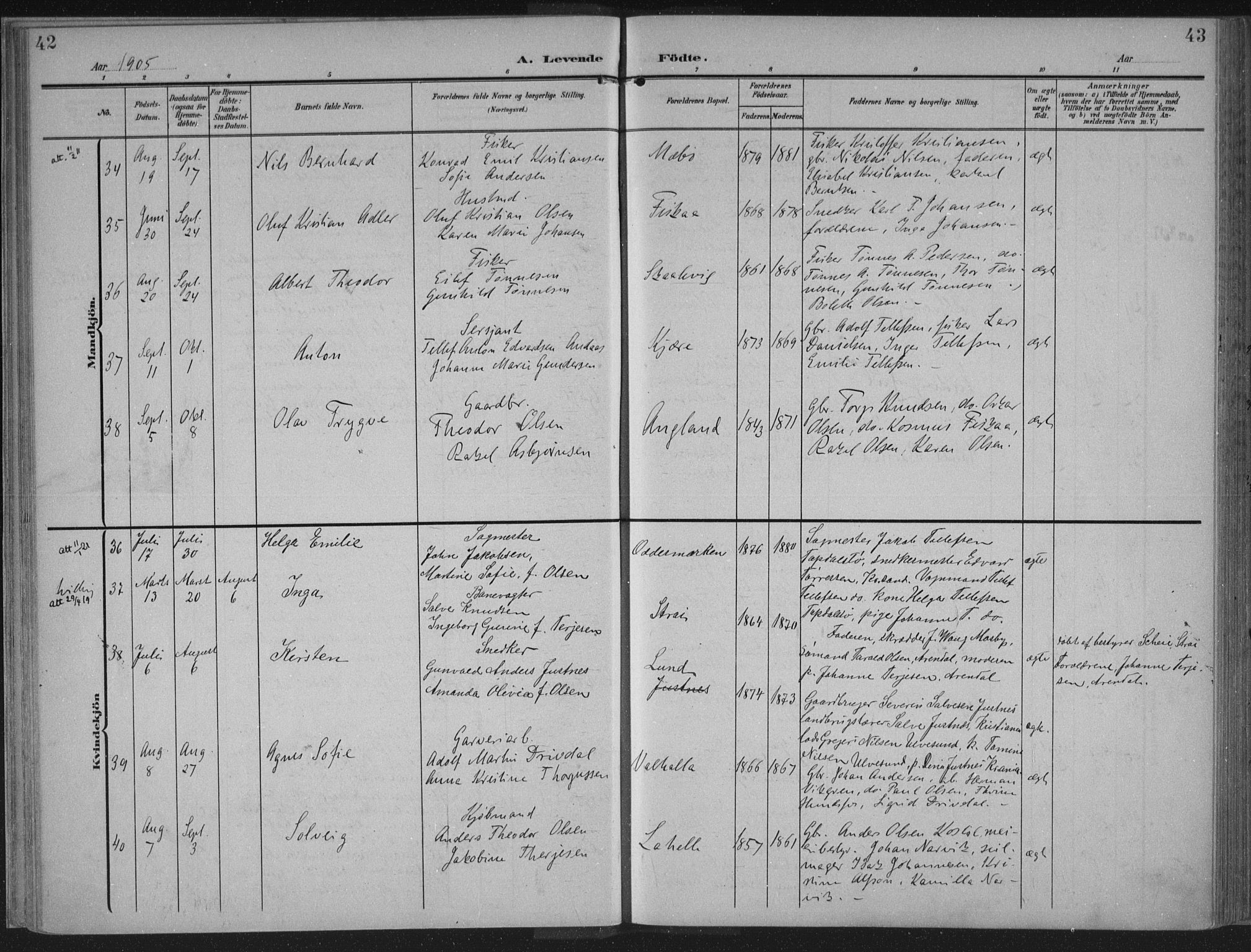 Oddernes sokneprestkontor, SAK/1111-0033/F/Fa/Faa/L0011: Ministerialbok nr. A 11, 1904-1911, s. 42-43