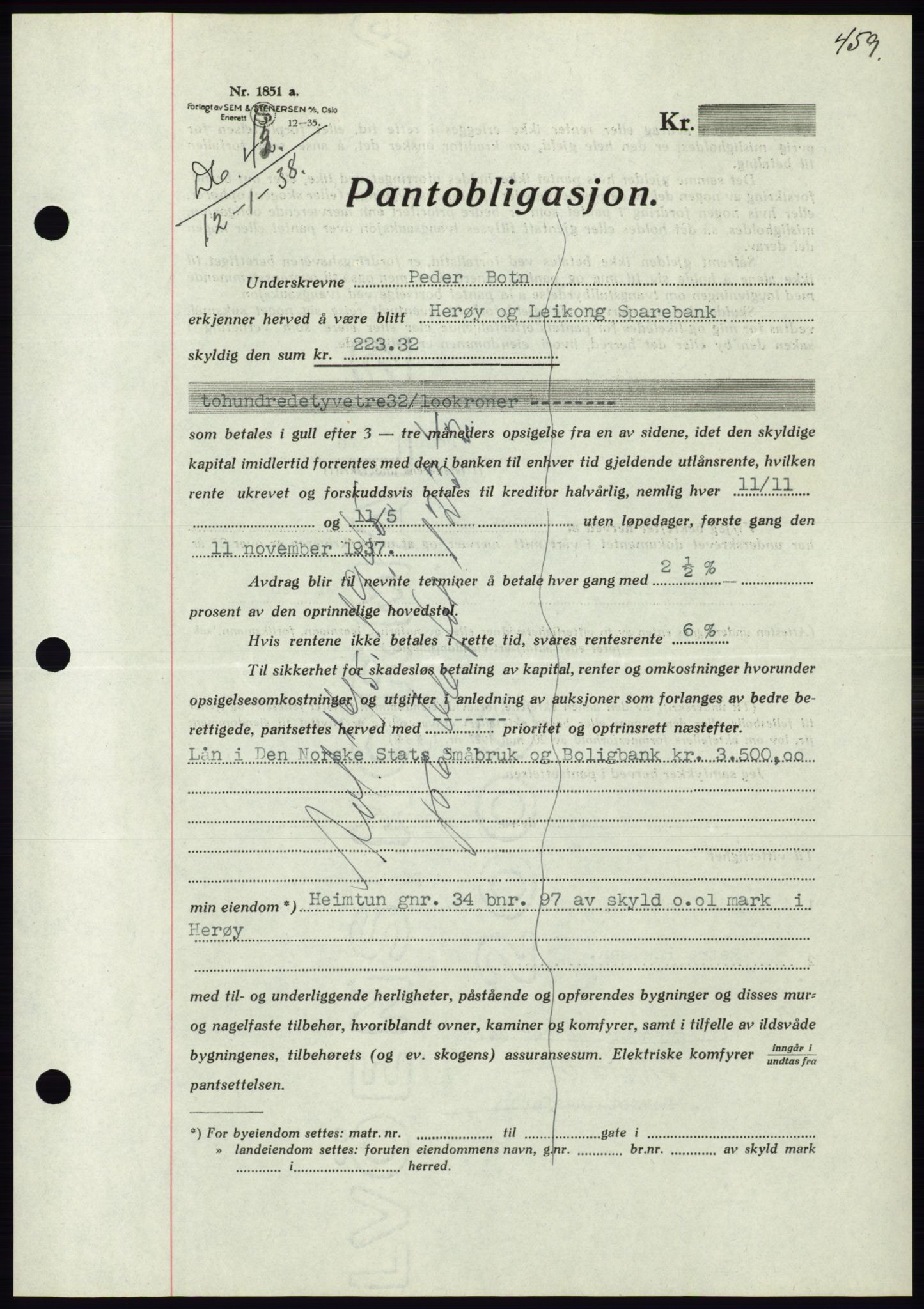 Søre Sunnmøre sorenskriveri, AV/SAT-A-4122/1/2/2C/L0064: Pantebok nr. 58, 1937-1938, Dagboknr: 43/1938