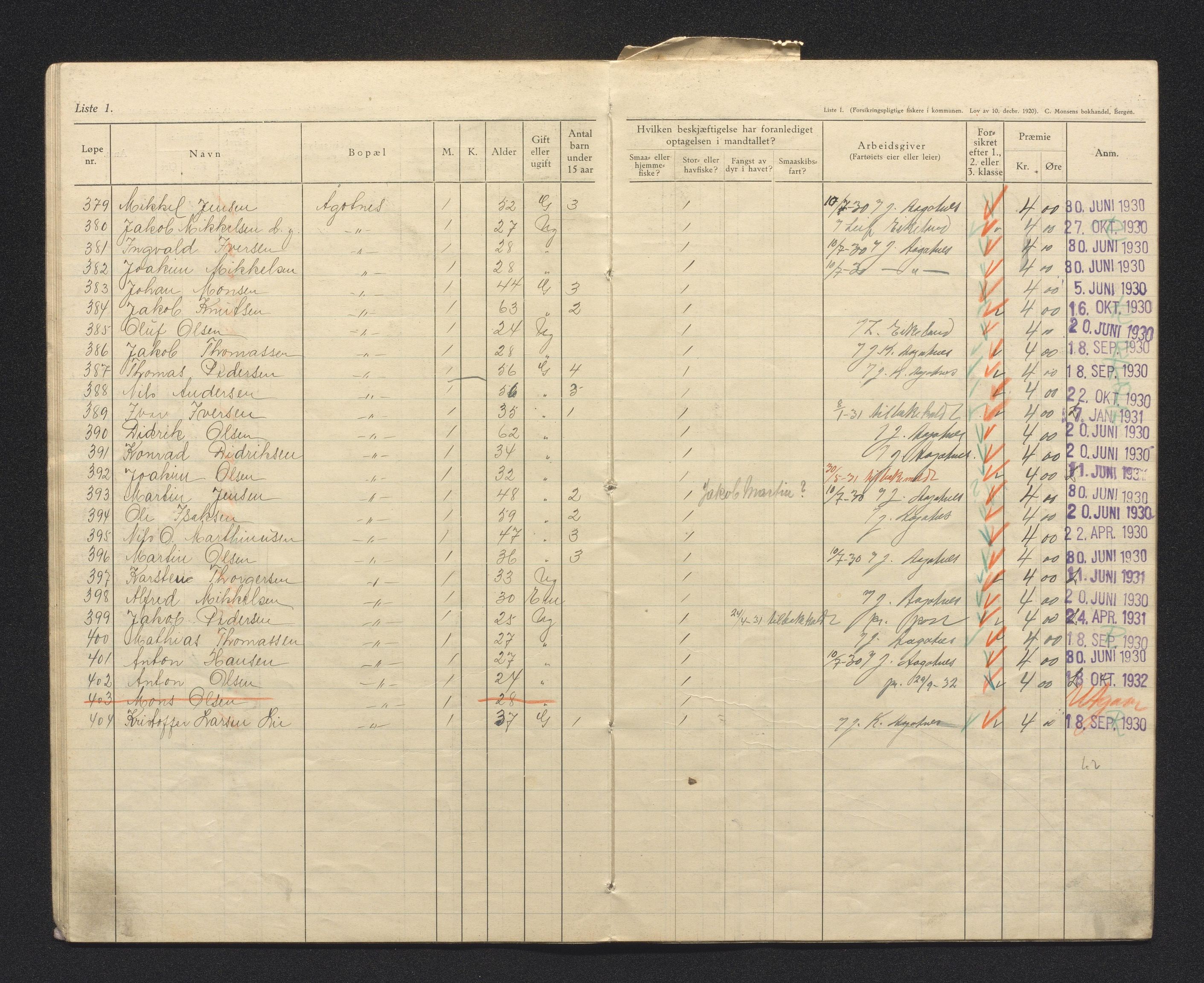 Fjell kommune. Fiskarmanntalsnemnda, IKAH/1246-352/F/Fa/L0001/0009: Fiskarmanntal / Fiskarmanntal, 1930