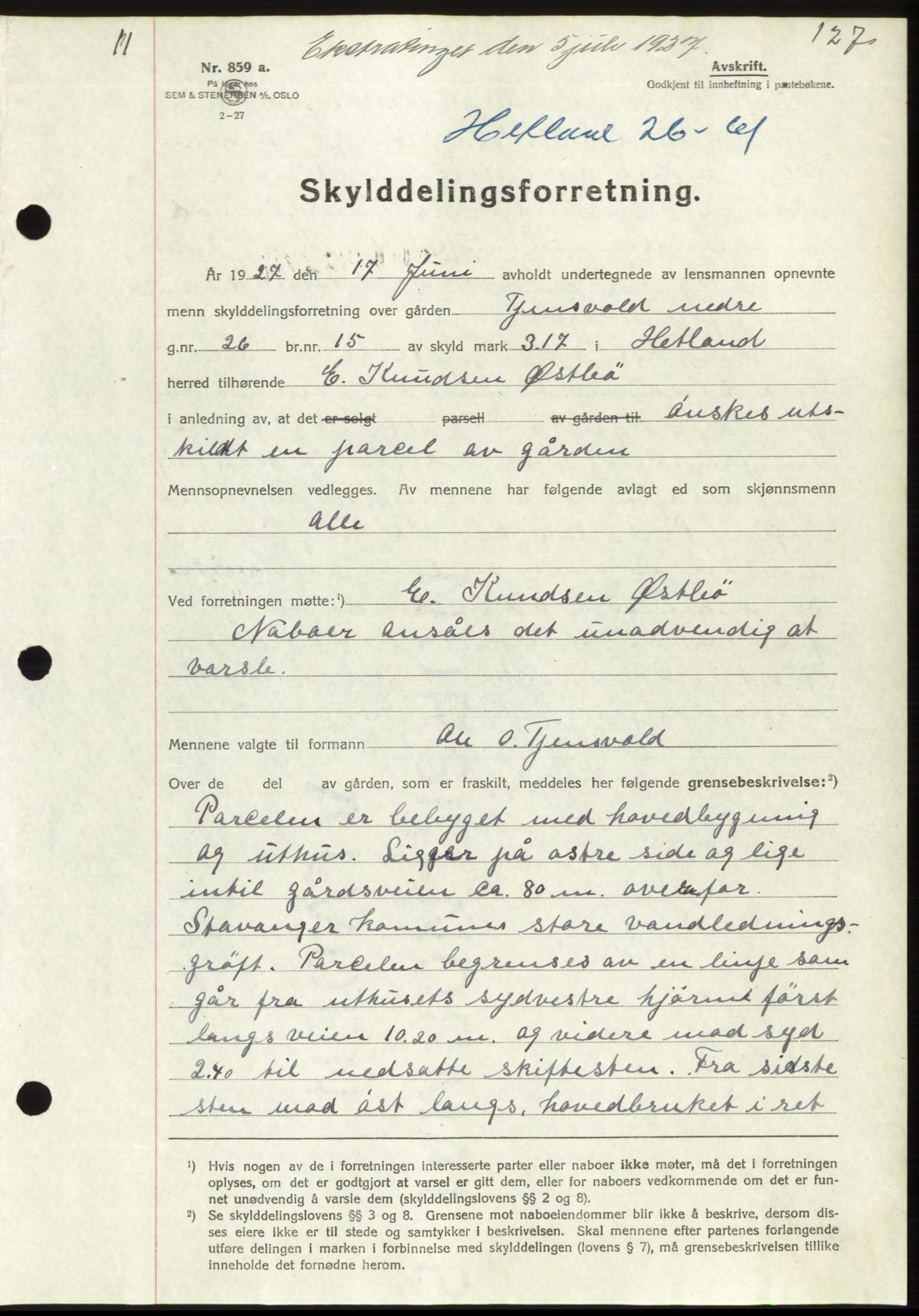 Jæren sorenskriveri, SAST/A-100310/03/G/Gba/L0054: Pantebok, 1927-1927, Tingl.dato: 05.07.1927