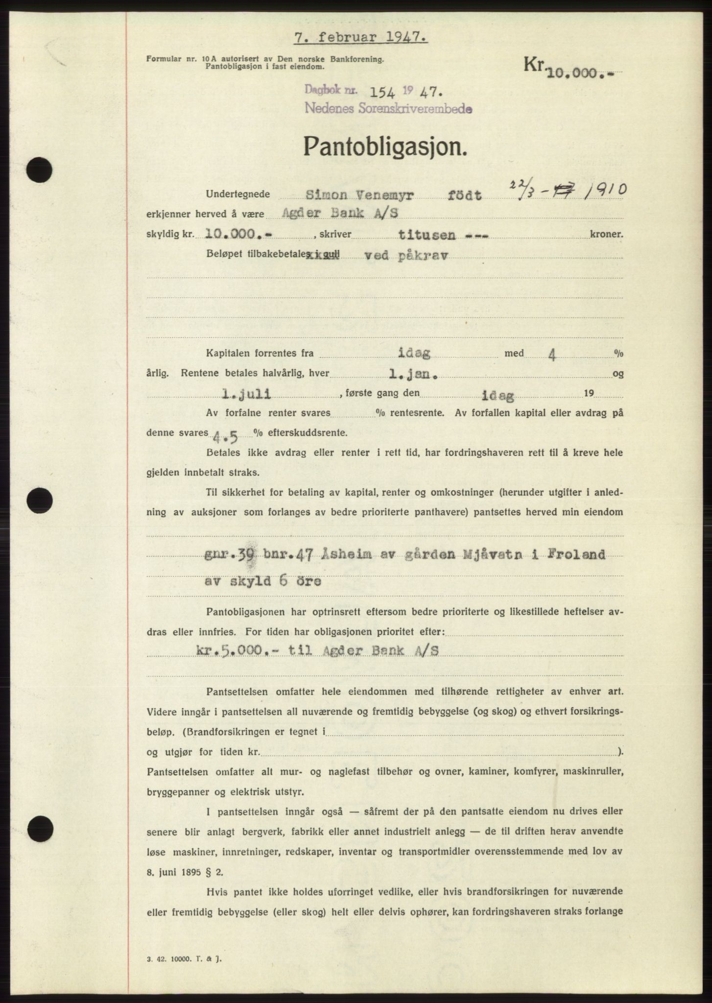 Nedenes sorenskriveri, SAK/1221-0006/G/Gb/Gbb/L0004: Pantebok nr. B4, 1947-1947, Dagboknr: 154/1947