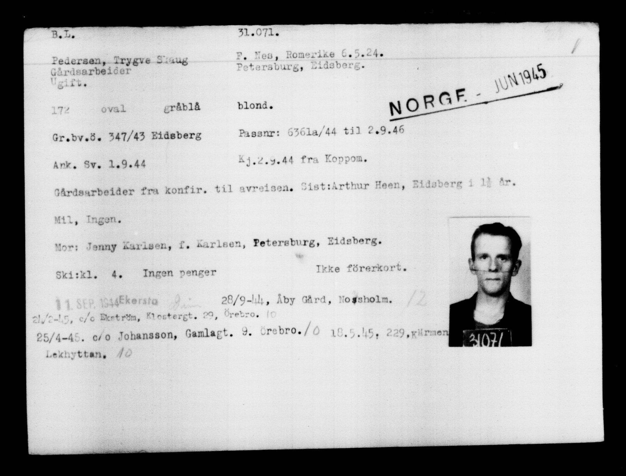 Utenriksstasjonene, Legasjonen i Stockholm, Flyktningkontoret, AV/RA-S-6753/V/Va/L0012: Kjesäterkartoteket, flyktninger med registreringsnr. 28300-31566, 1940-1945, s. 3004