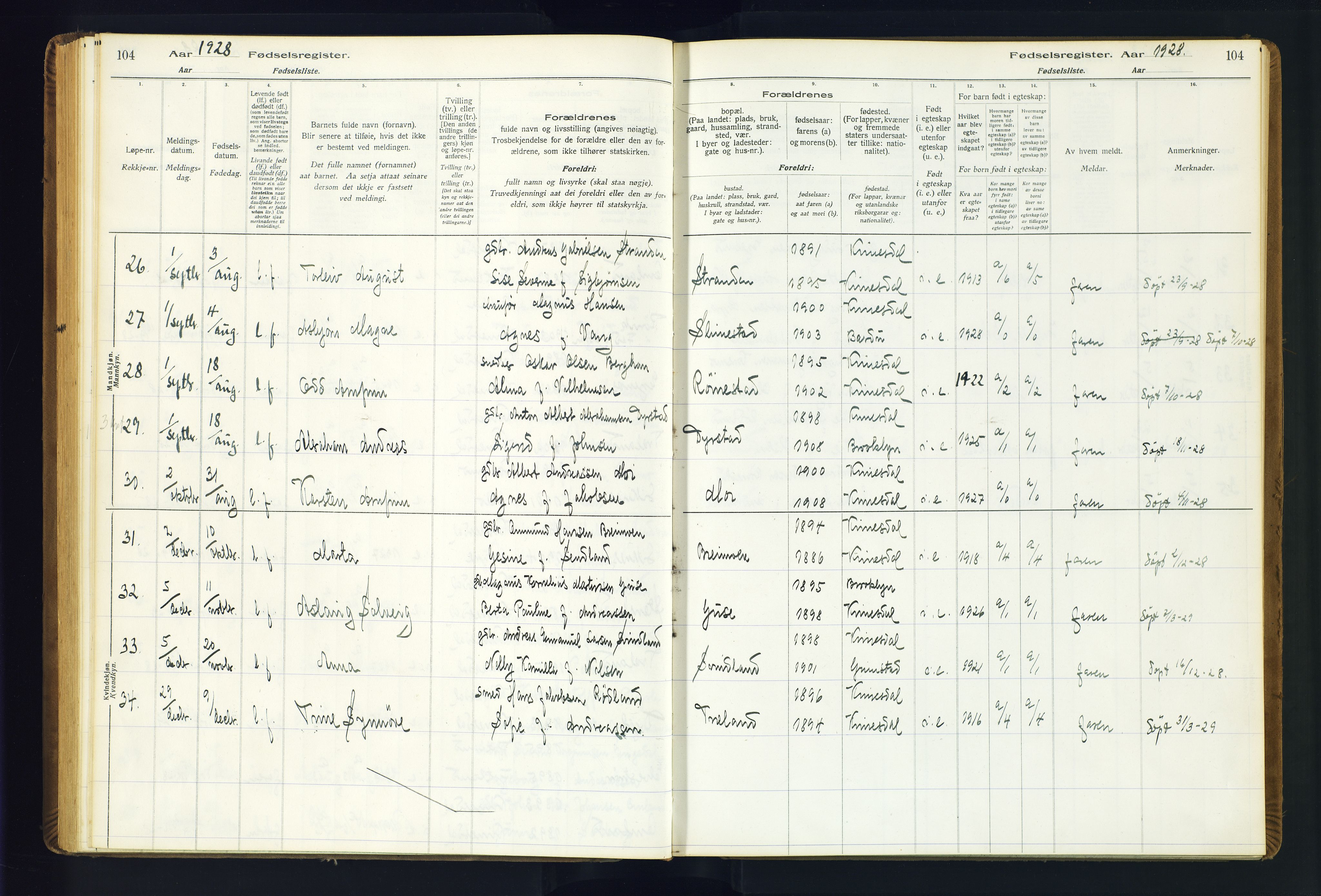 Kvinesdal sokneprestkontor, AV/SAK-1111-0026/J/Ja/L0001: Fødselsregister nr. 1, 1916-1941, s. 104