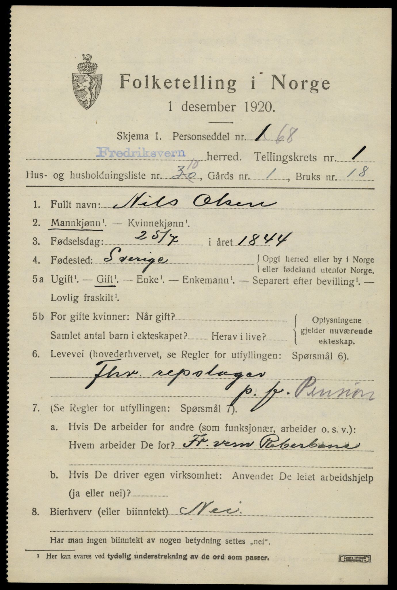 SAKO, Folketelling 1920 for 0798 Fredriksvern herred, 1920, s. 585