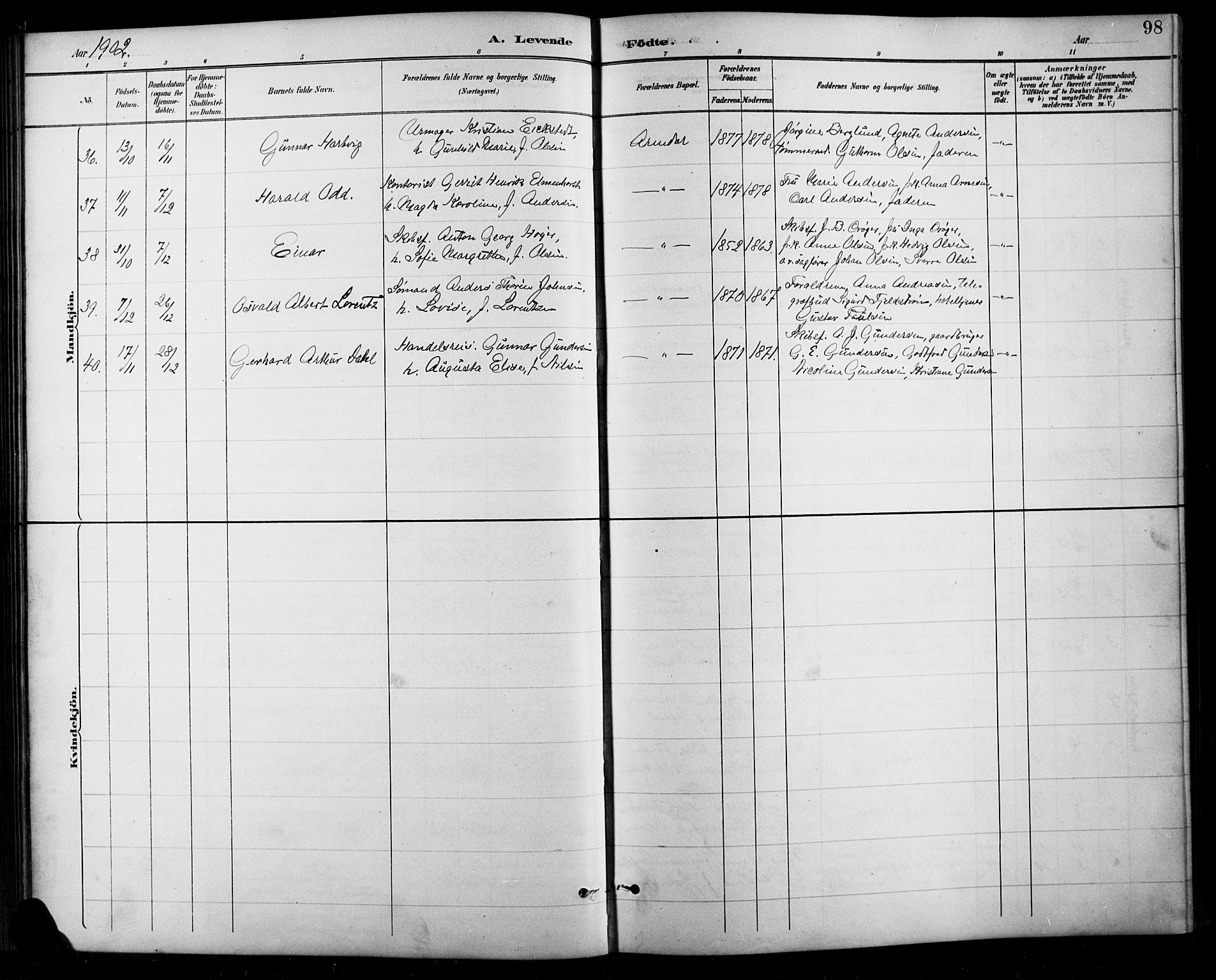 Arendal sokneprestkontor, Trefoldighet, AV/SAK-1111-0040/F/Fb/L0006: Klokkerbok nr. B 6, 1889-1916, s. 98