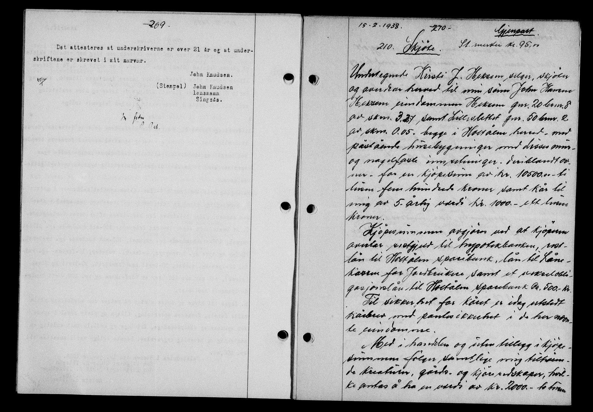 Gauldal sorenskriveri, SAT/A-0014/1/2/2C/L0048: Pantebok nr. 51-52, 1937-1938, s. 269, Dagboknr: 210/1938