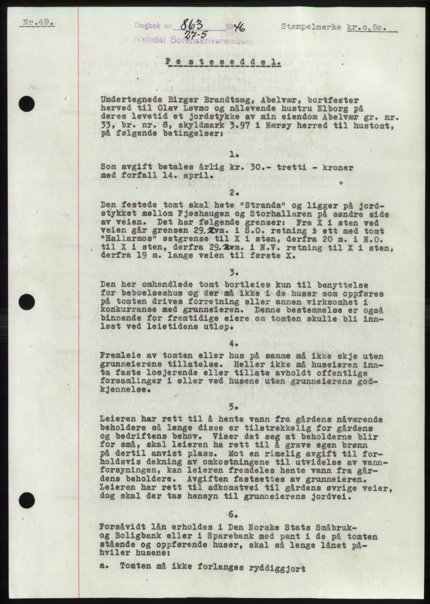 Namdal sorenskriveri, SAT/A-4133/1/2/2C: Pantebok nr. -, 1946-1946, Dagboknr: 863/1946