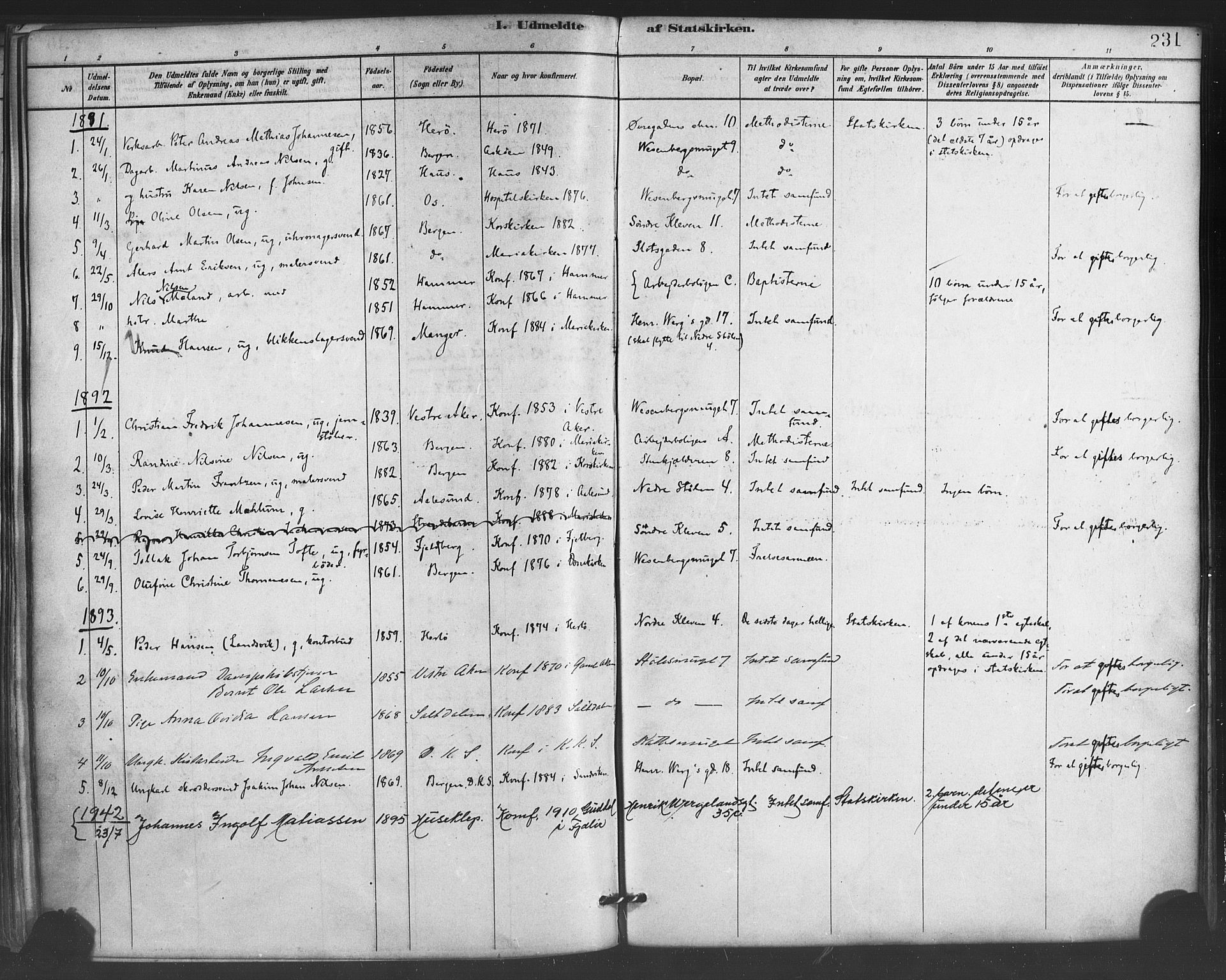 Mariakirken Sokneprestembete, AV/SAB-A-76901/H/Haa/L0007: Ministerialbok nr. A 7, 1878-1893, s. 231