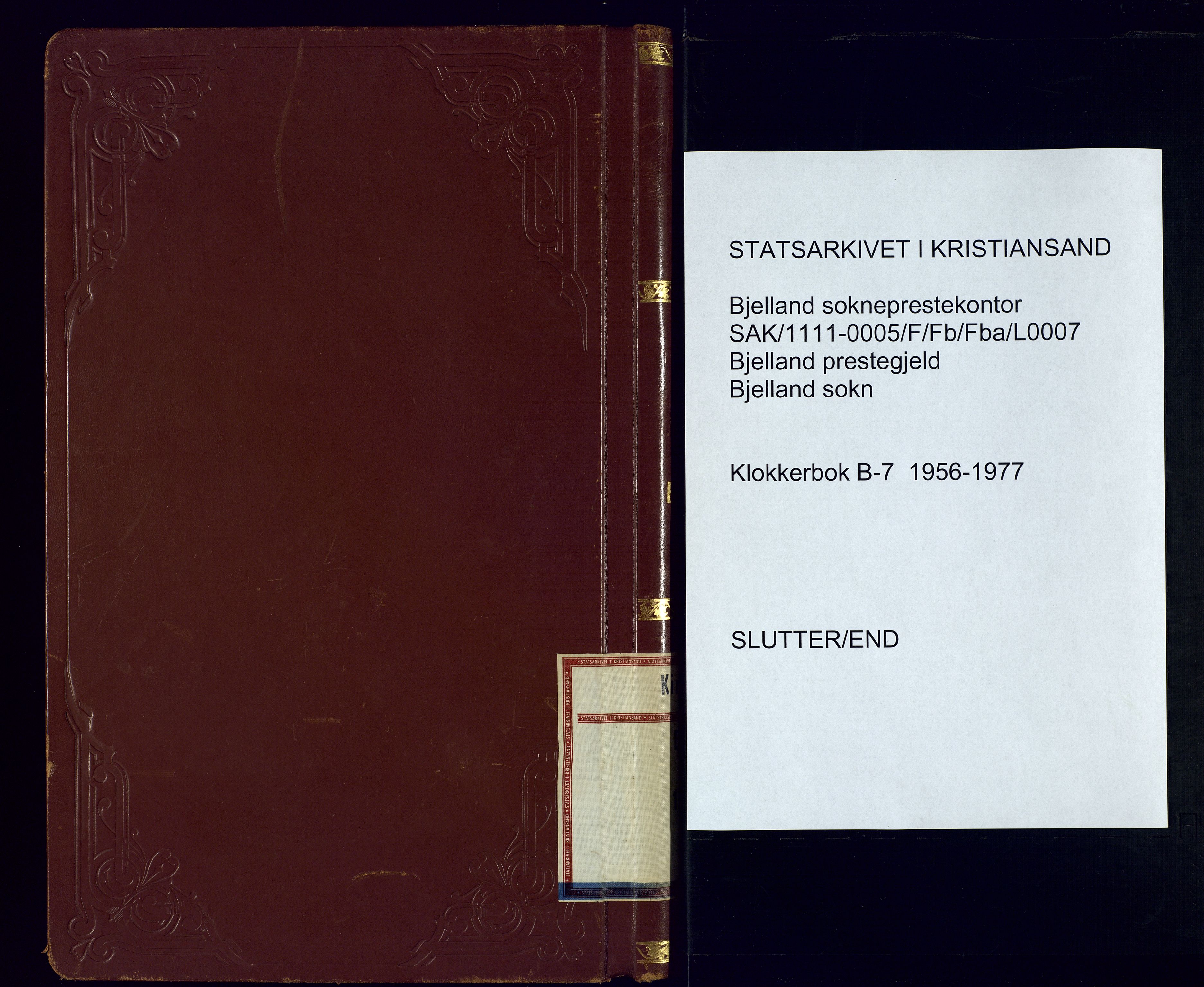 Bjelland sokneprestkontor, SAK/1111-0005/F/Fb/Fba/L0007: Klokkerbok nr. B-7, 1956-1977