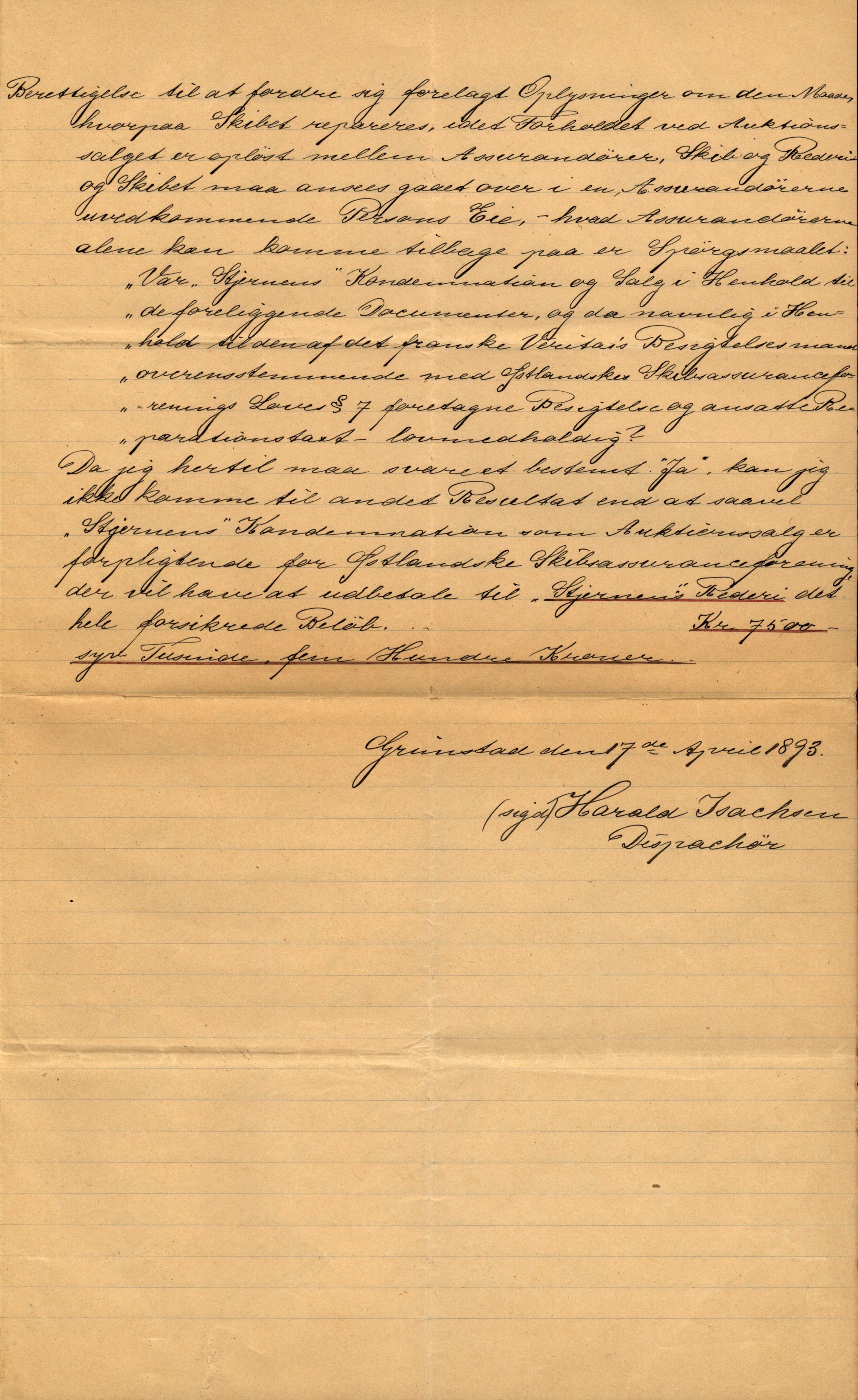 Pa 63 - Østlandske skibsassuranceforening, VEMU/A-1079/G/Ga/L0028/0005: Havaridokumenter / Tjømø, Magnolia, Caroline, Olaf, Stjernen, 1892, s. 244