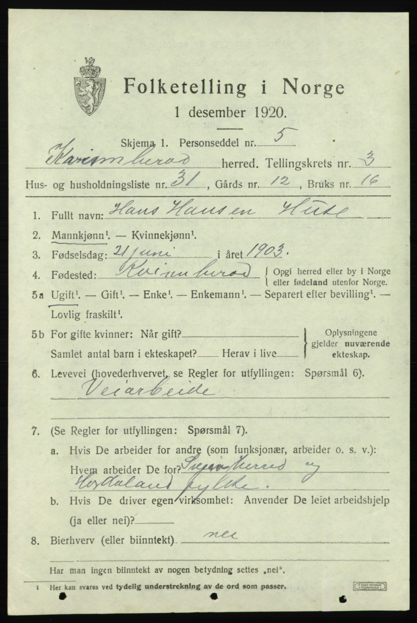 SAB, Folketelling 1920 for 1224 Kvinnherad herred, 1920, s. 4834