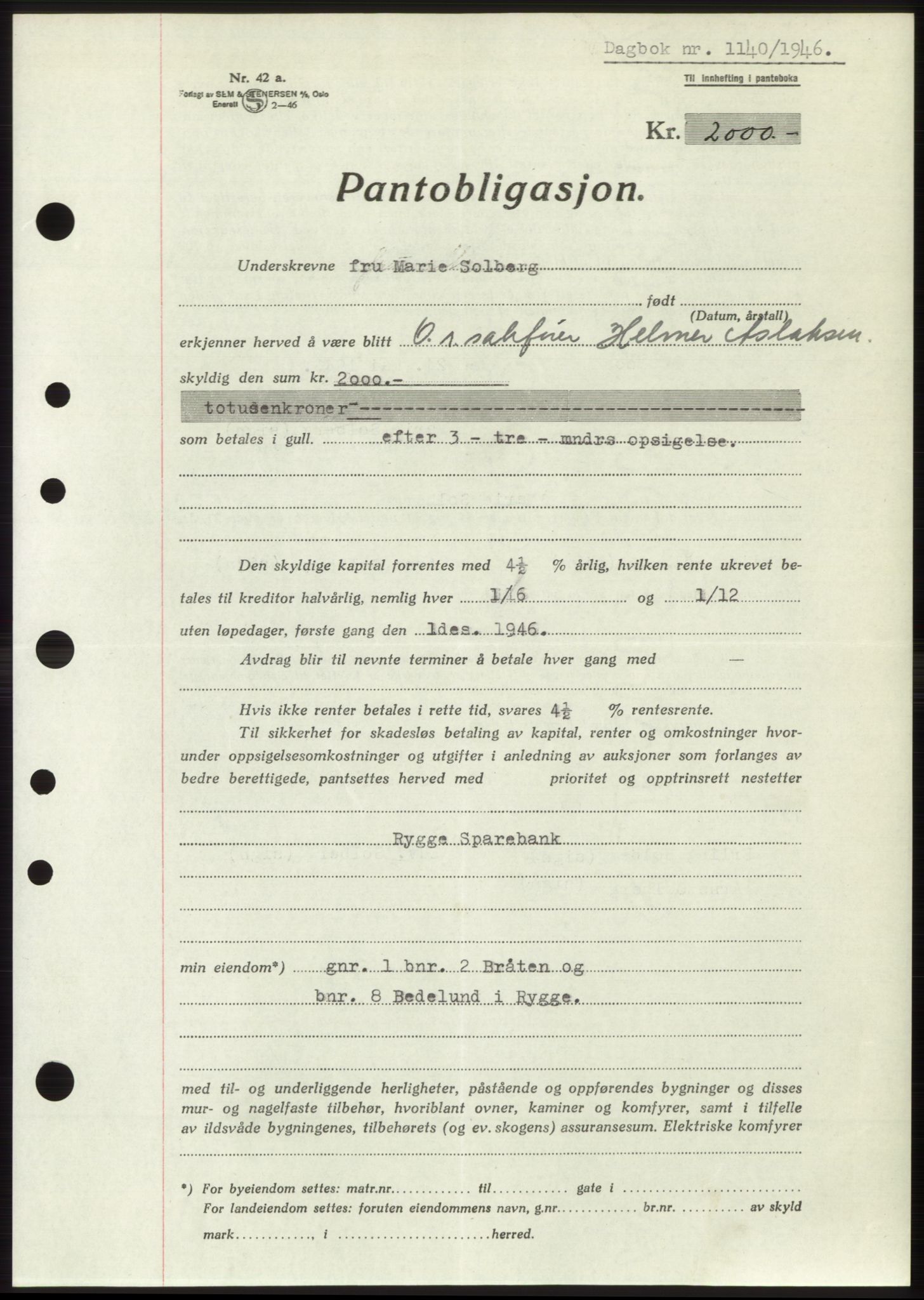 Moss sorenskriveri, SAO/A-10168: Pantebok nr. B15, 1946-1946, Dagboknr: 1140/1946