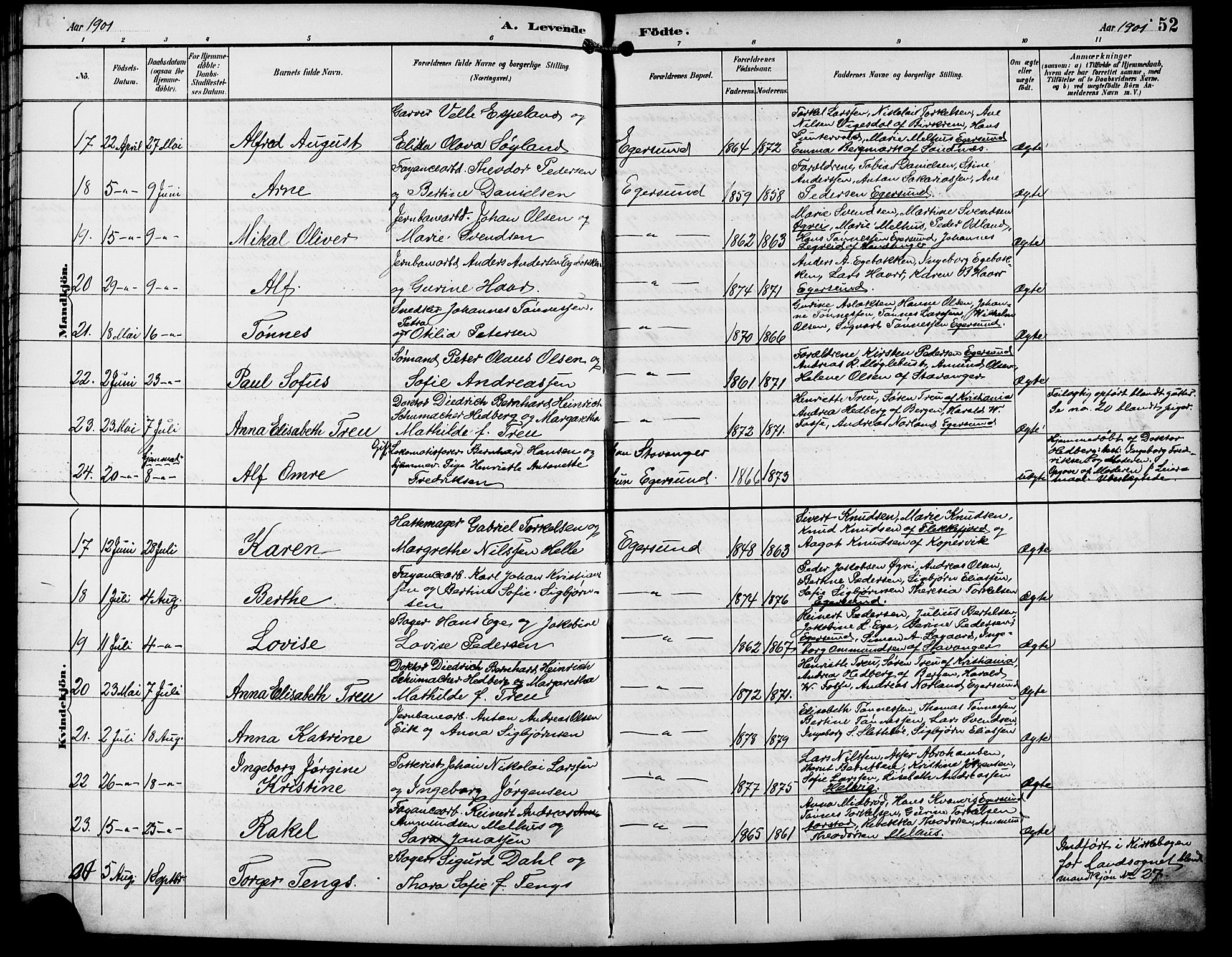 Eigersund sokneprestkontor, AV/SAST-A-101807/S09/L0010: Klokkerbok nr. B 10, 1893-1907, s. 52