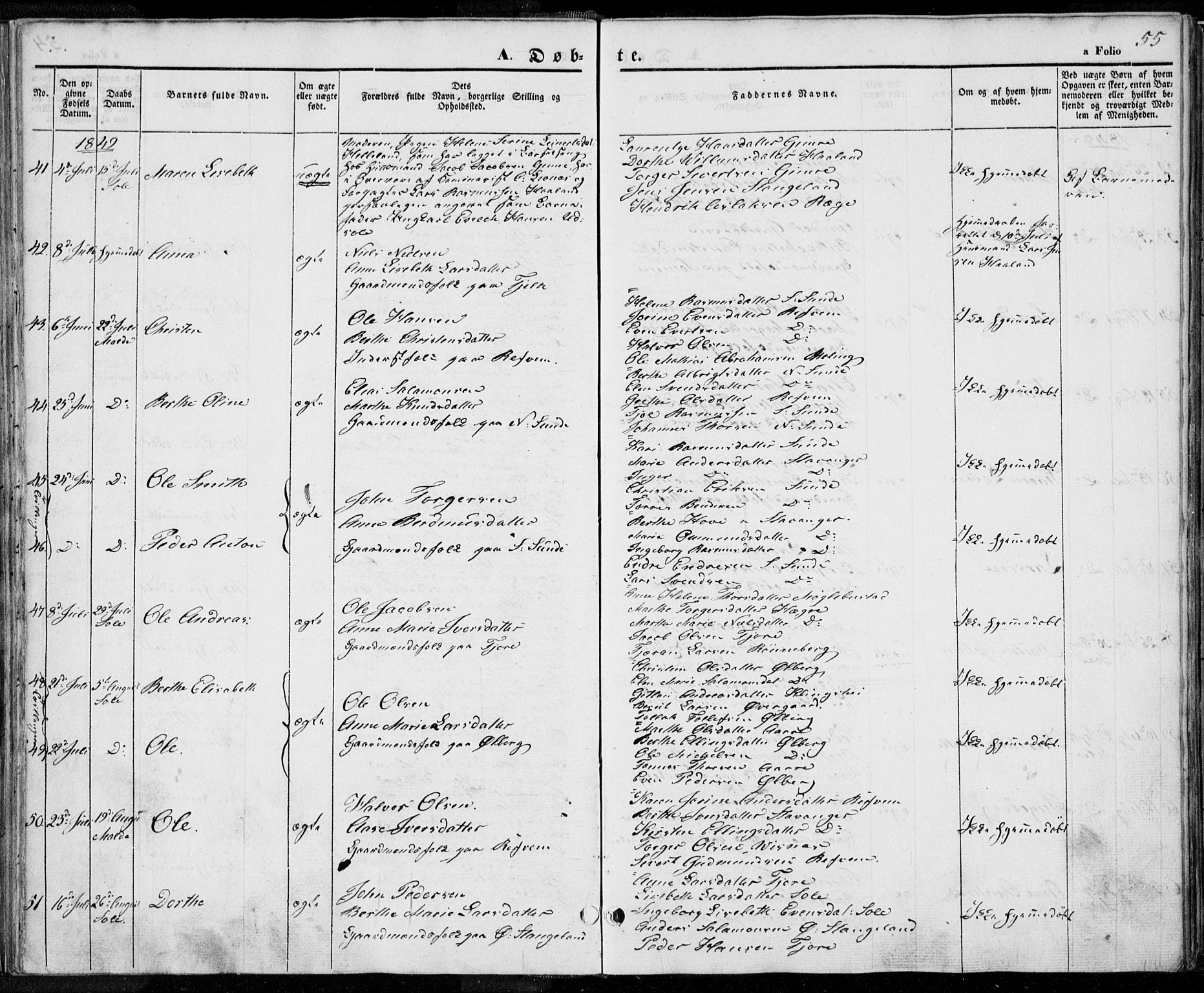 Håland sokneprestkontor, AV/SAST-A-101802/001/30BA/L0006: Ministerialbok nr. A 6, 1842-1853, s. 55