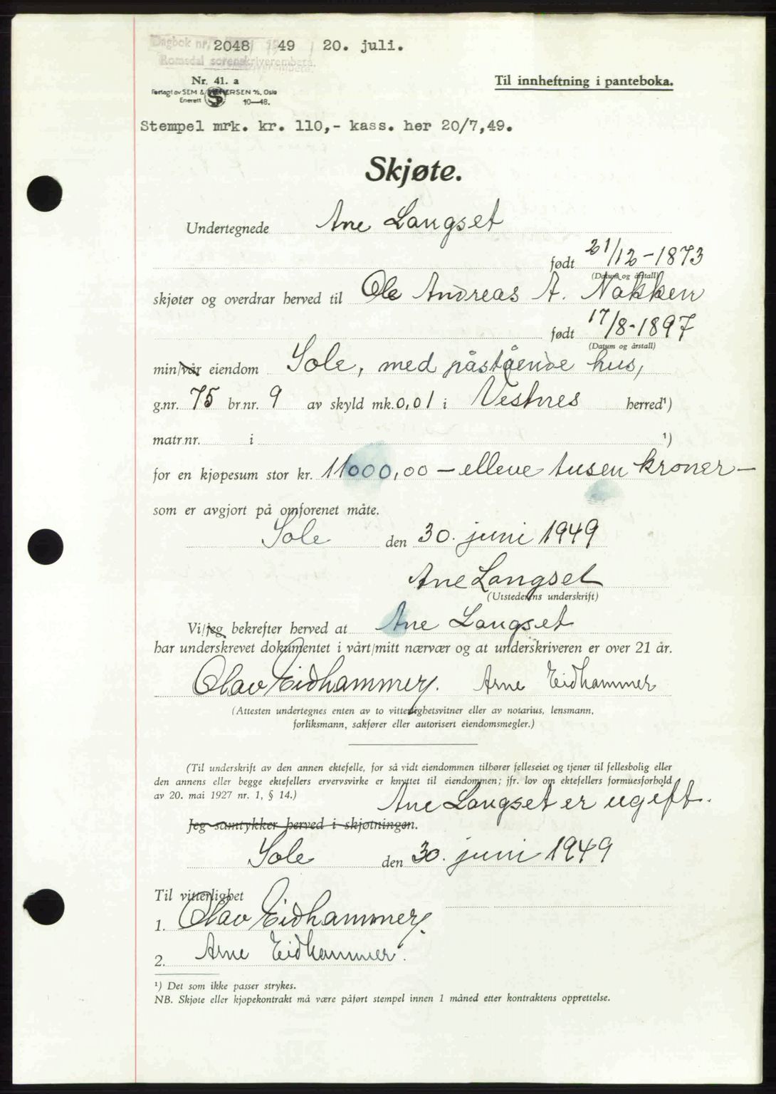 Romsdal sorenskriveri, SAT/A-4149/1/2/2C: Pantebok nr. A30, 1949-1949, Dagboknr: 2048/1949