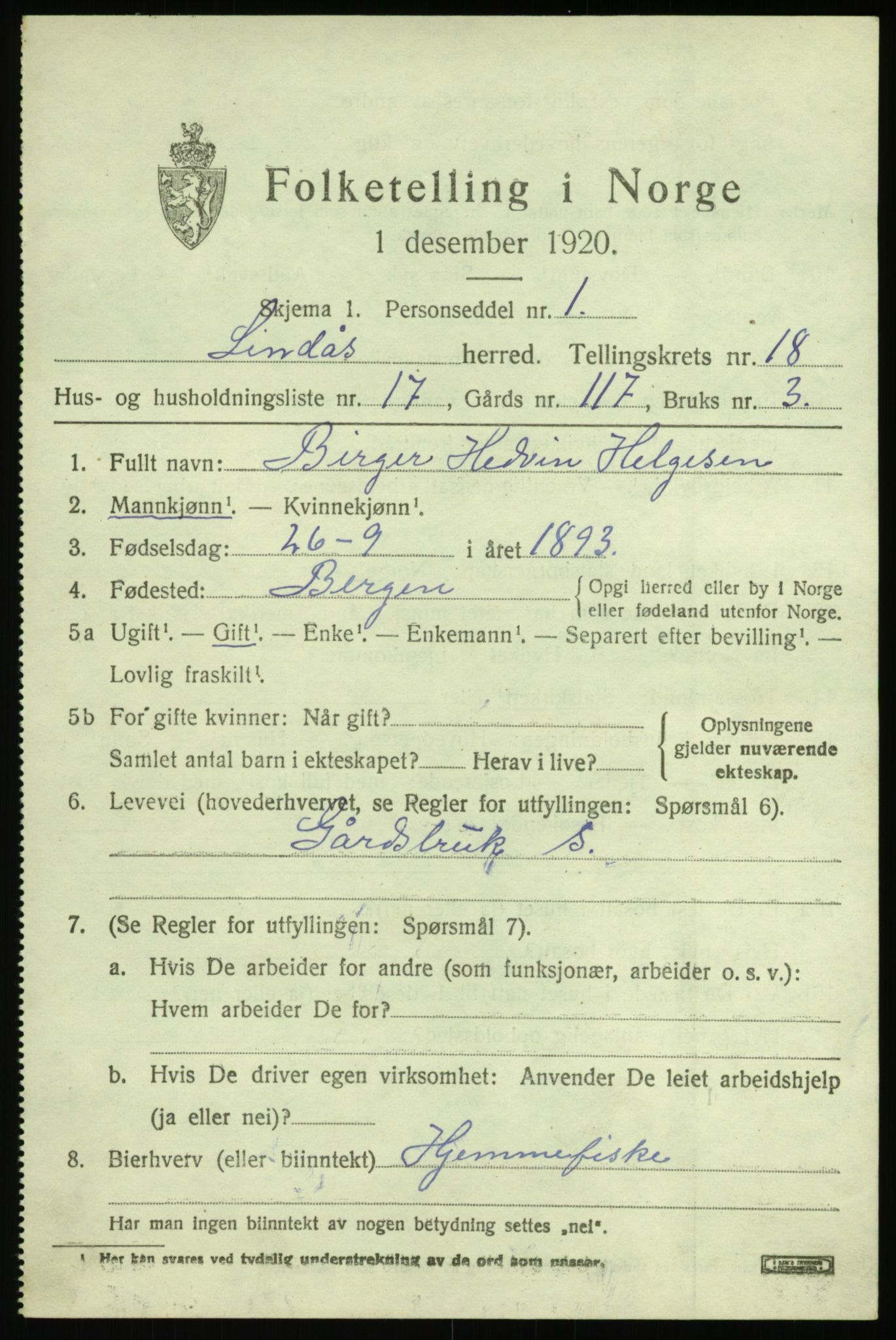 SAB, Folketelling 1920 for 1263 Lindås herred, 1920, s. 9465