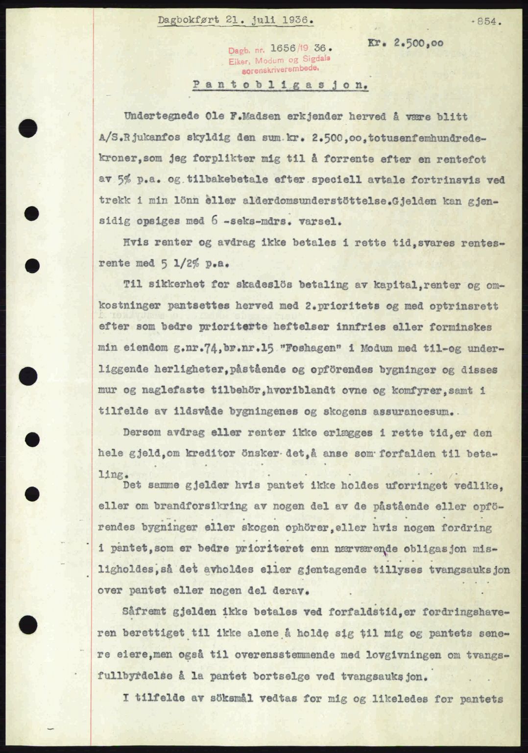 Eiker, Modum og Sigdal sorenskriveri, SAKO/A-123/G/Ga/Gab/L0032: Pantebok nr. A2, 1936-1936, Dagboknr: 1656/1936