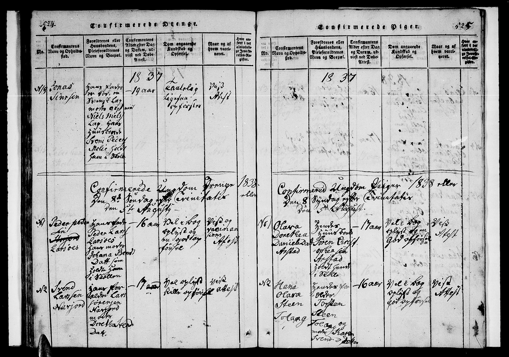 Ministerialprotokoller, klokkerbøker og fødselsregistre - Nordland, AV/SAT-A-1459/846/L0651: Klokkerbok nr. 846C01, 1821-1841, s. 524-525