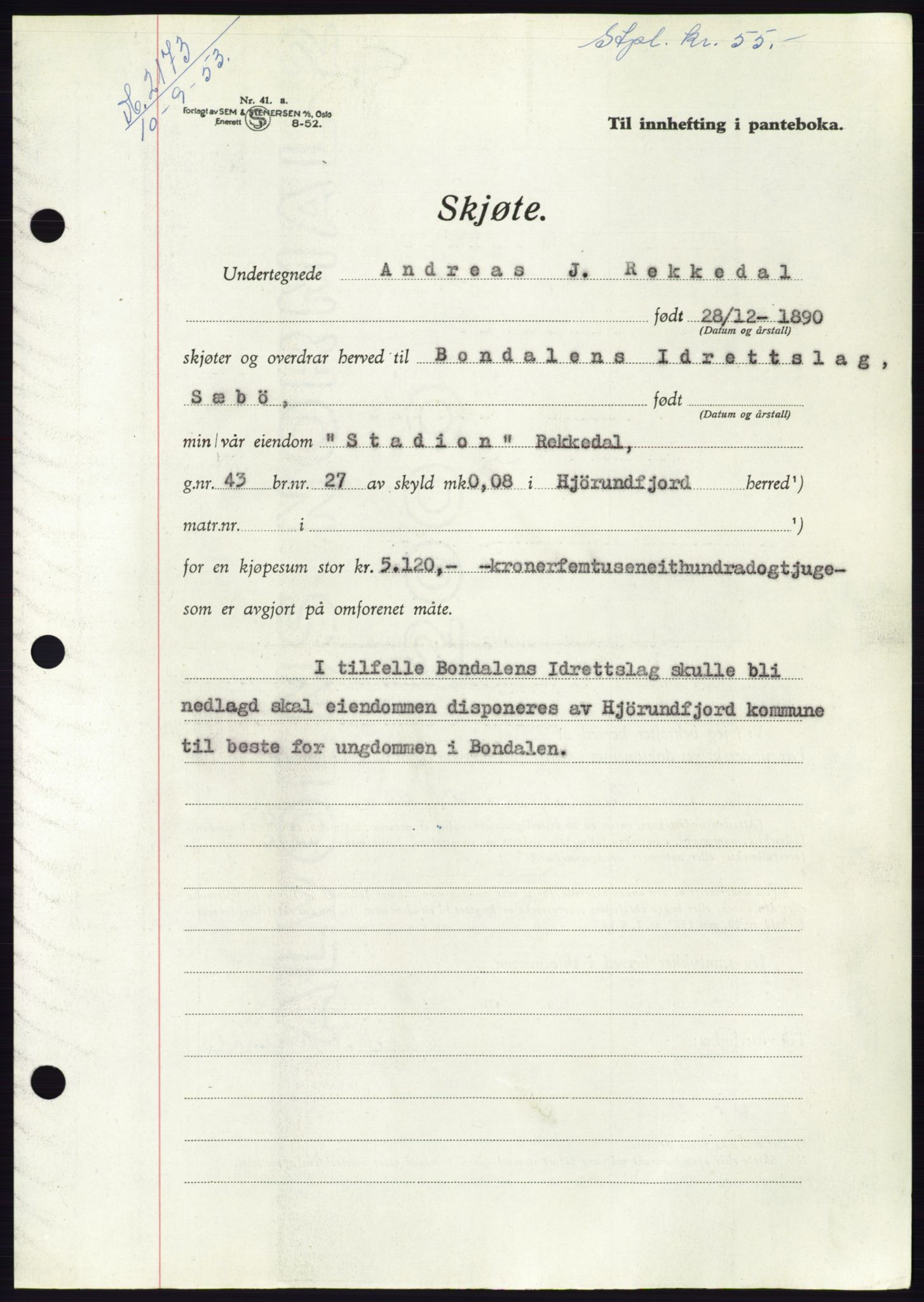Søre Sunnmøre sorenskriveri, AV/SAT-A-4122/1/2/2C/L0095: Pantebok nr. 21A, 1953-1953, Dagboknr: 2173/1953