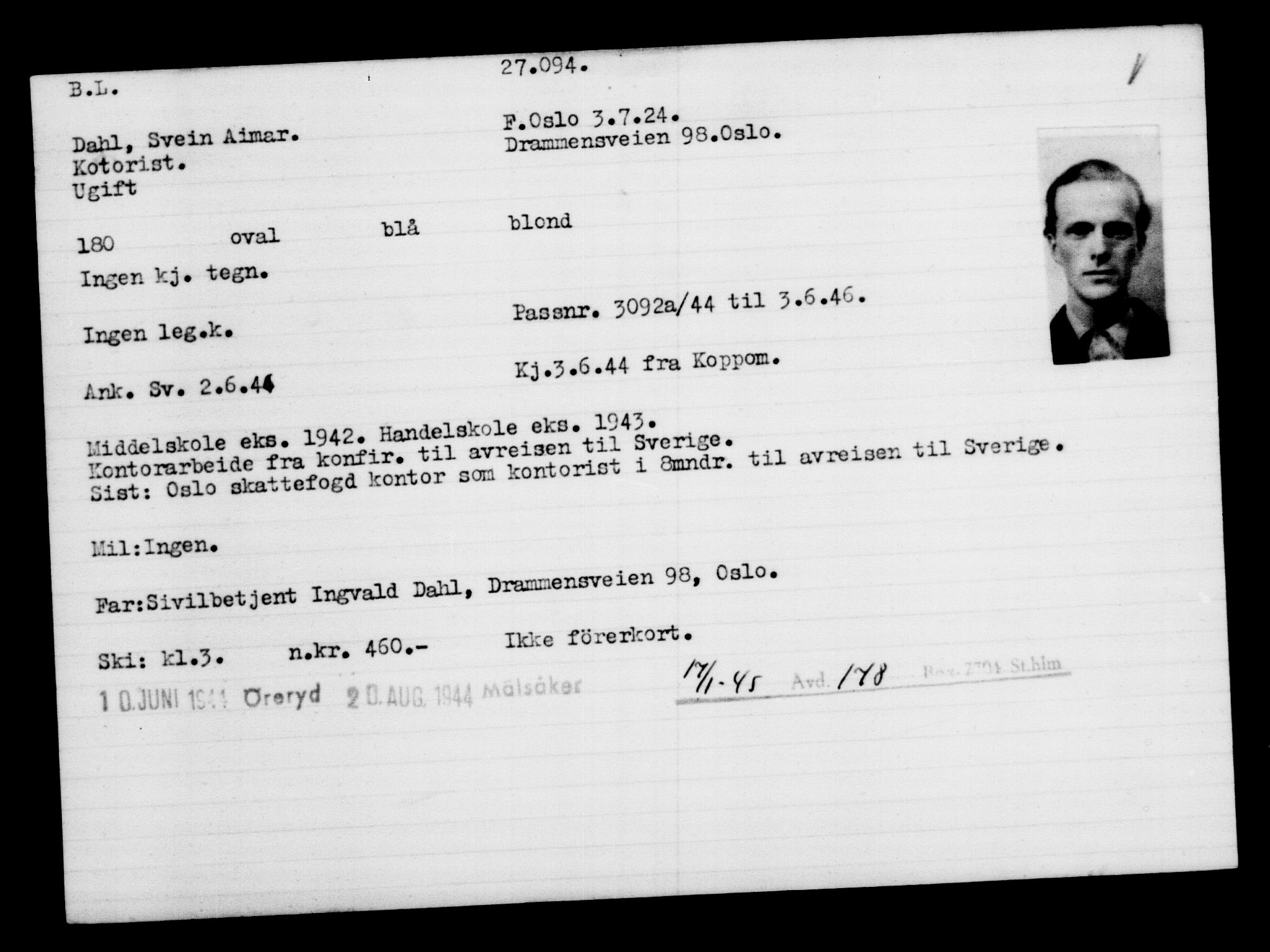 Utenriksstasjonene, Legasjonen i Stockholm, Flyktningkontoret, AV/RA-S-6753/V/Va/L0011: Kjesäterkartoteket, flyktninger med registreringsnr. 25300-28349, 1940-1945, s. 1893