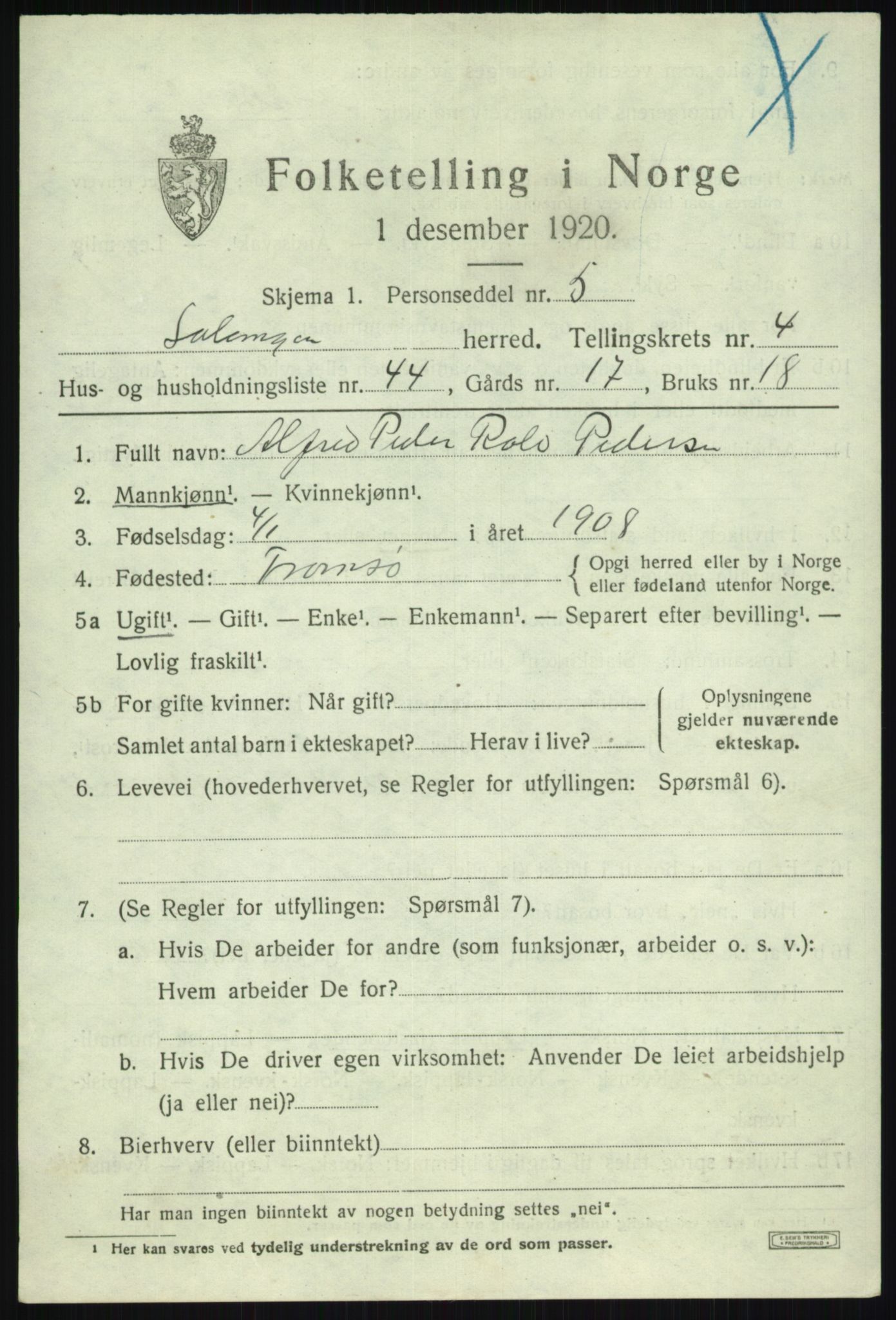 SATØ, Folketelling 1920 for 1921 Salangen herred, 1920, s. 2800