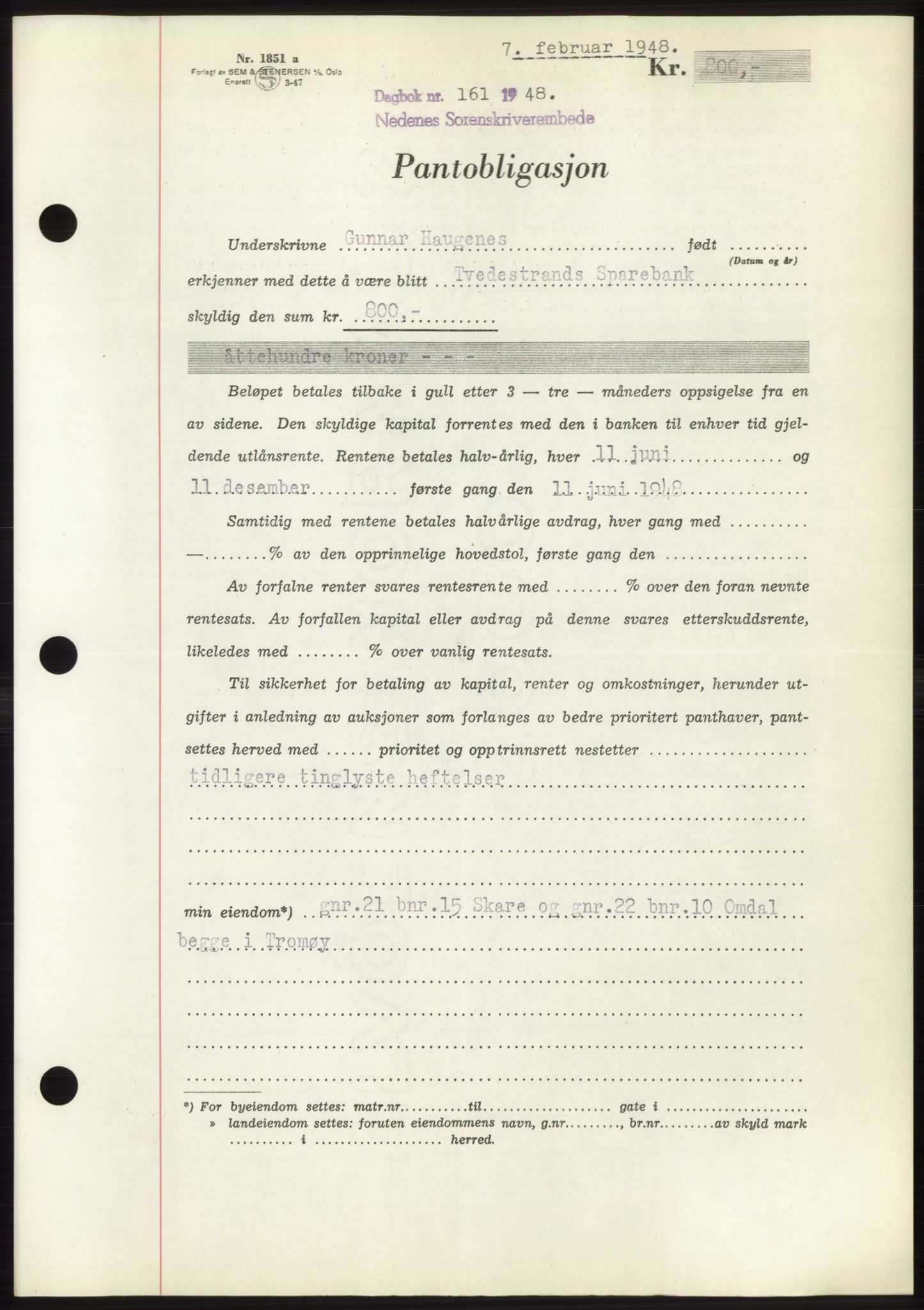 Nedenes sorenskriveri, AV/SAK-1221-0006/G/Gb/Gbb/L0005: Pantebok nr. B5, 1948-1948, Dagboknr: 161/1948