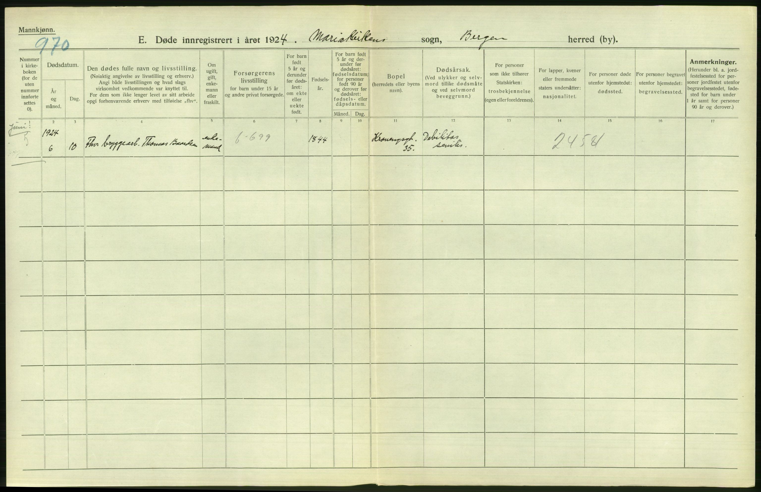 Statistisk sentralbyrå, Sosiodemografiske emner, Befolkning, AV/RA-S-2228/D/Df/Dfc/Dfcd/L0028: Bergen: Gifte, døde., 1924, s. 460