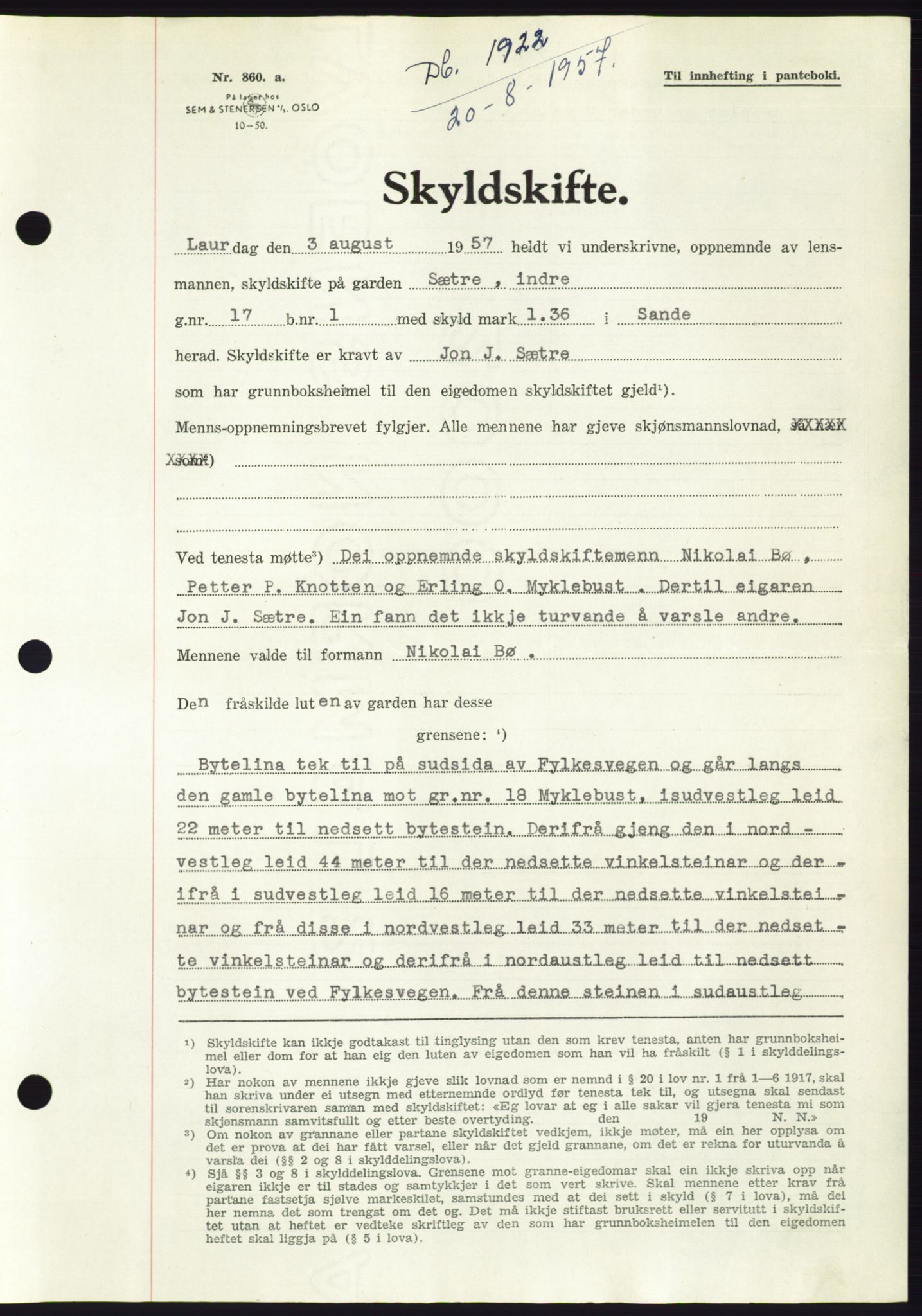 Søre Sunnmøre sorenskriveri, SAT/A-4122/1/2/2C/L0107: Pantebok nr. 33A, 1957-1957, Dagboknr: 1922/1957
