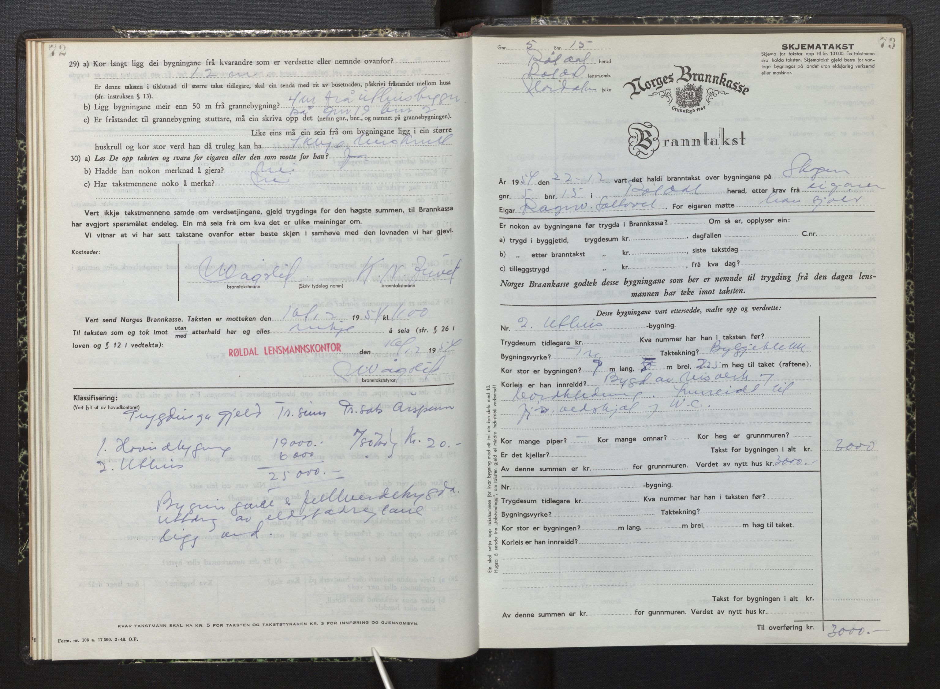 Lensmannen i Røldal, AV/SAB-A-34501/0012/L0005: Branntakstprotokoll, skjematakst, 1951-1963, s. 72-73