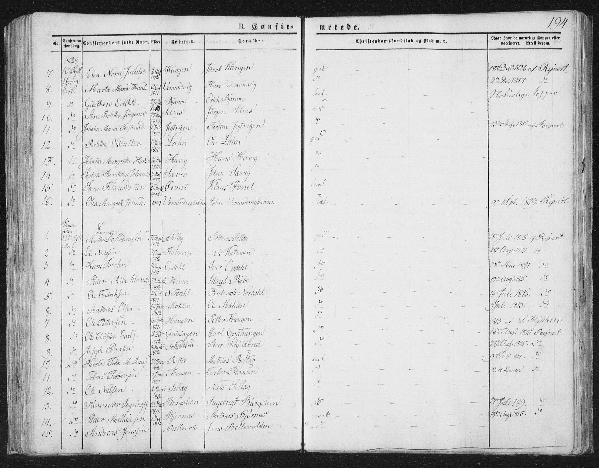 Ministerialprotokoller, klokkerbøker og fødselsregistre - Nord-Trøndelag, SAT/A-1458/764/L0551: Ministerialbok nr. 764A07a, 1824-1864, s. 194
