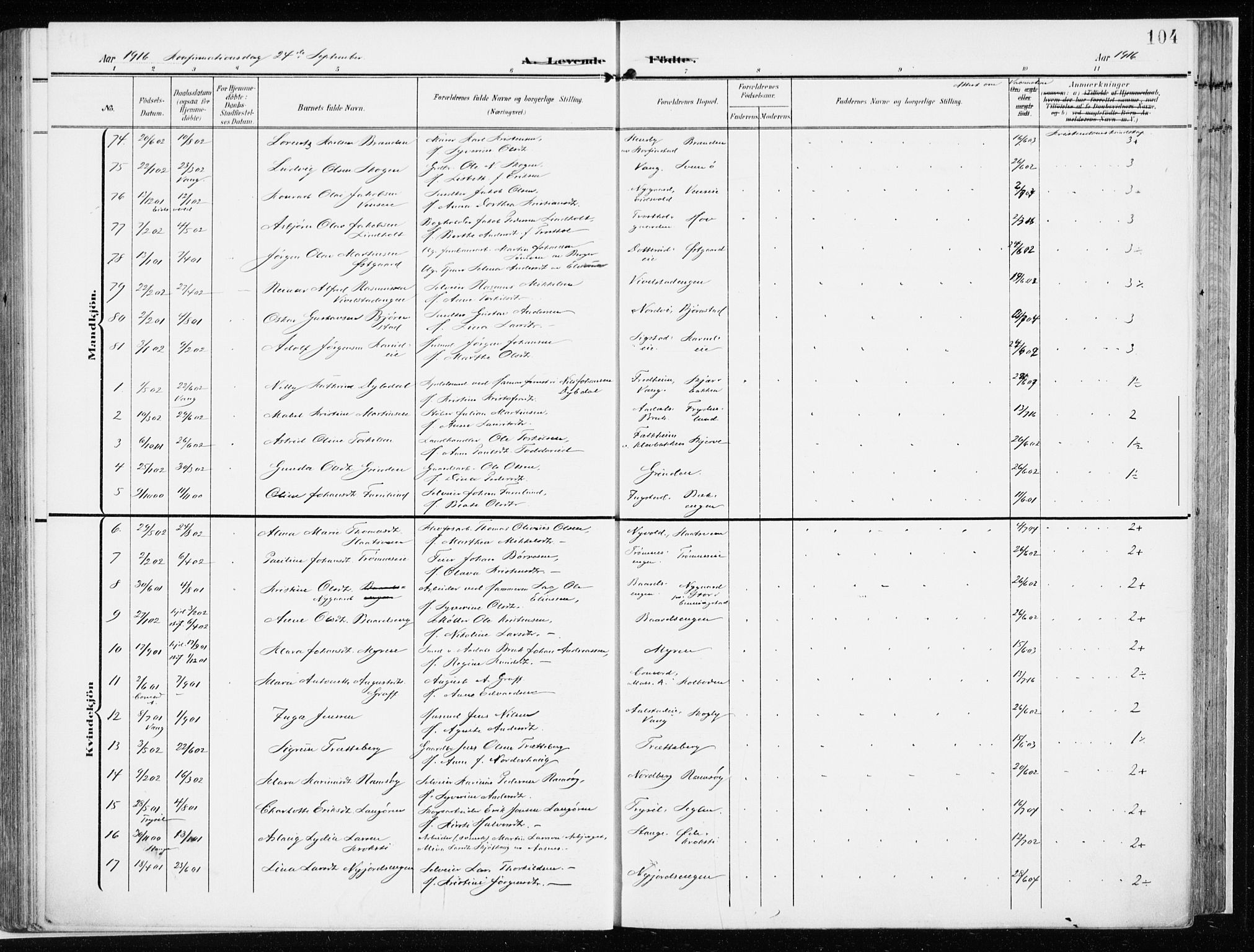 Løten prestekontor, AV/SAH-PREST-022/K/Ka/L0011: Ministerialbok nr. 11, 1908-1917, s. 104