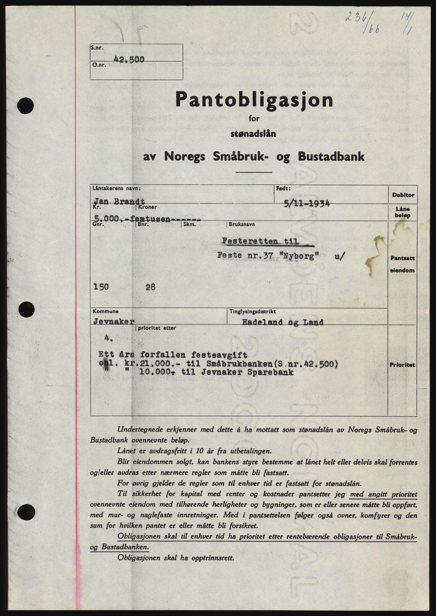 Hadeland og Land tingrett, SAH/TING-010/H/Hb/Hbc/L0061: Pantebok nr. B61, 1965-1966, Dagboknr: 236/1966
