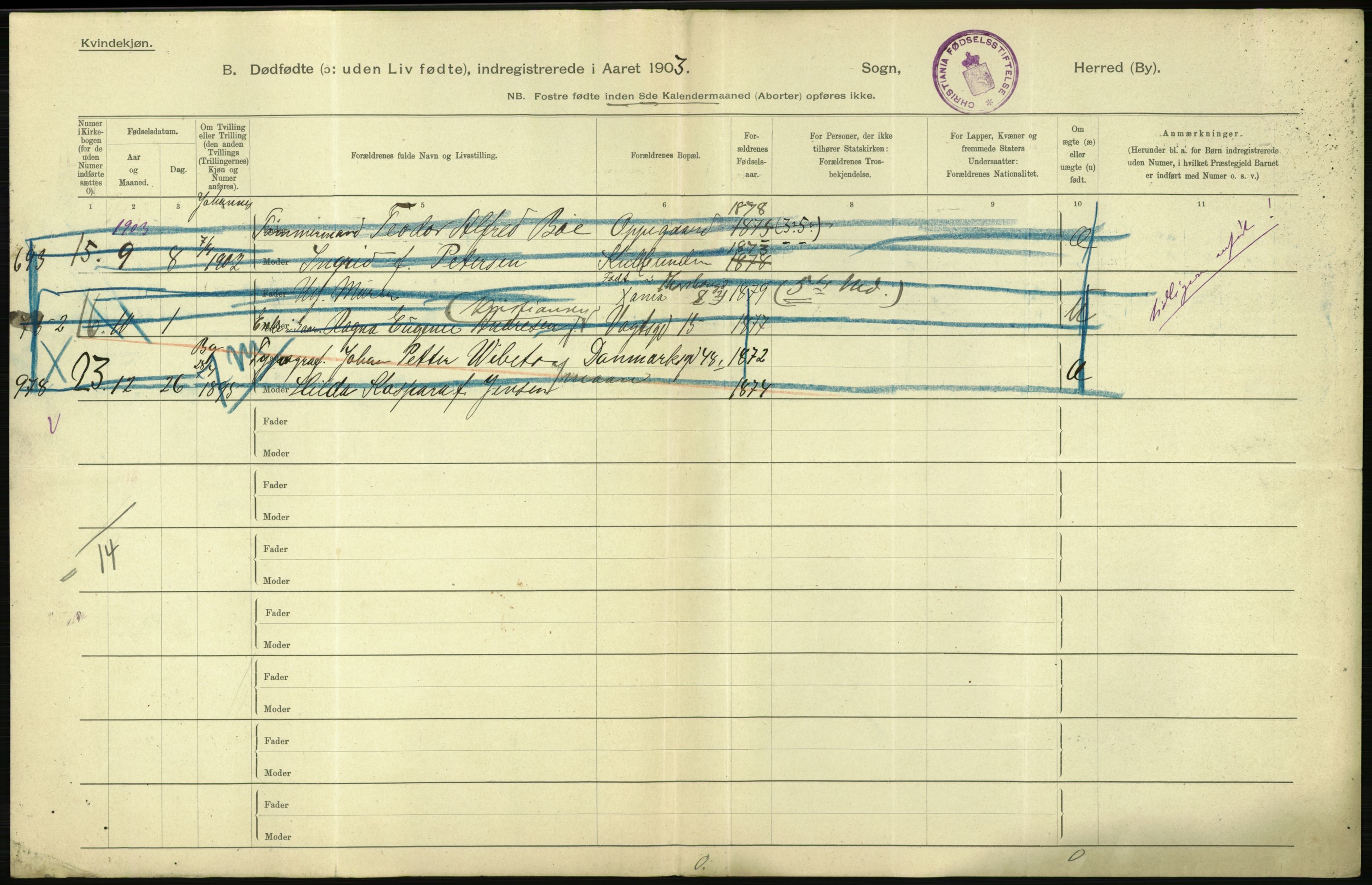 Statistisk sentralbyrå, Sosiodemografiske emner, Befolkning, AV/RA-S-2228/D/Df/Dfa/Dfaa/L0026: Smålenenes - Finnmarkens amt: Dødfødte. Byer., 1903, s. 10